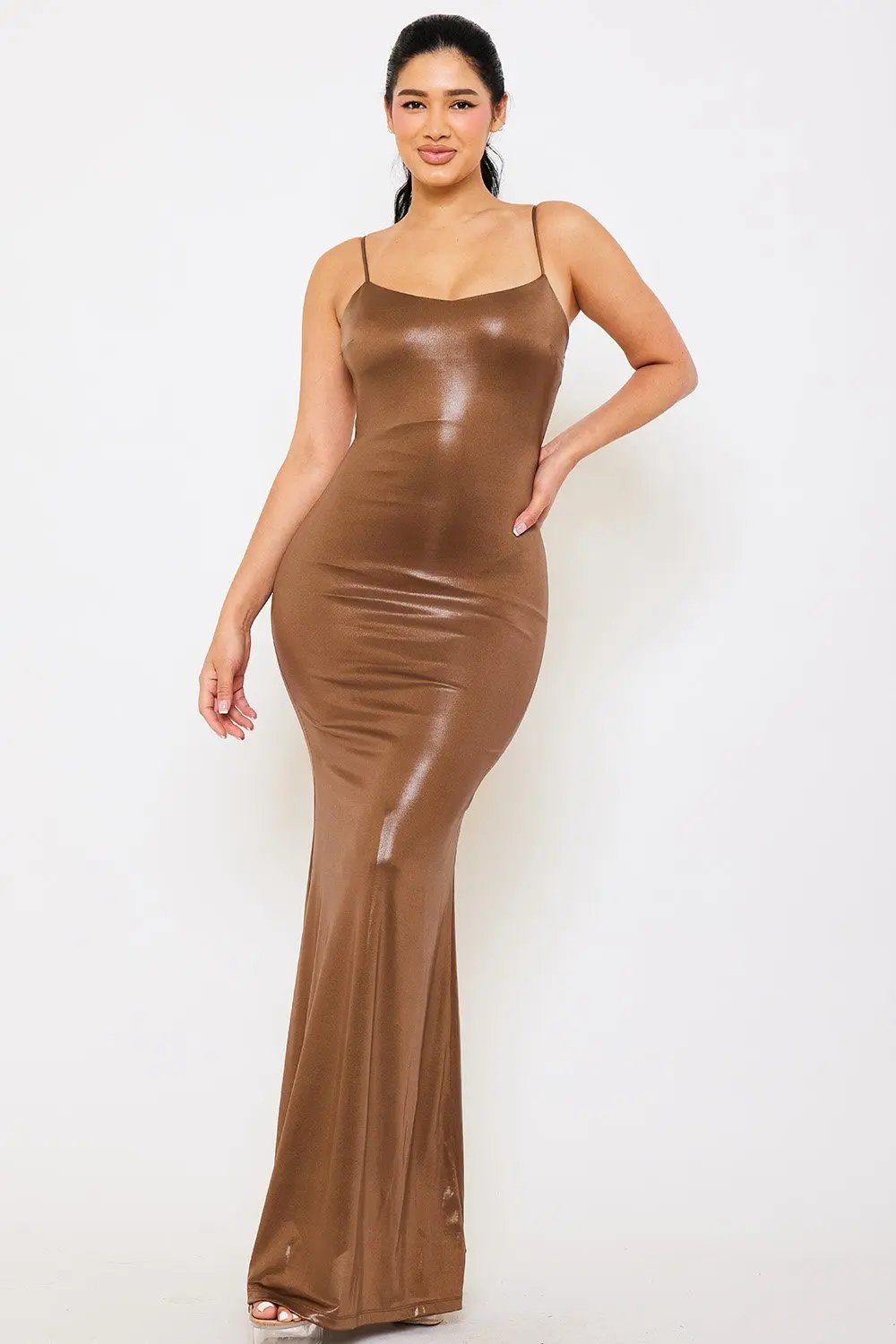 Foil Ruffle Maxi Dress – Open Back Spaghetti Strap Evening Gown BOUTINIE