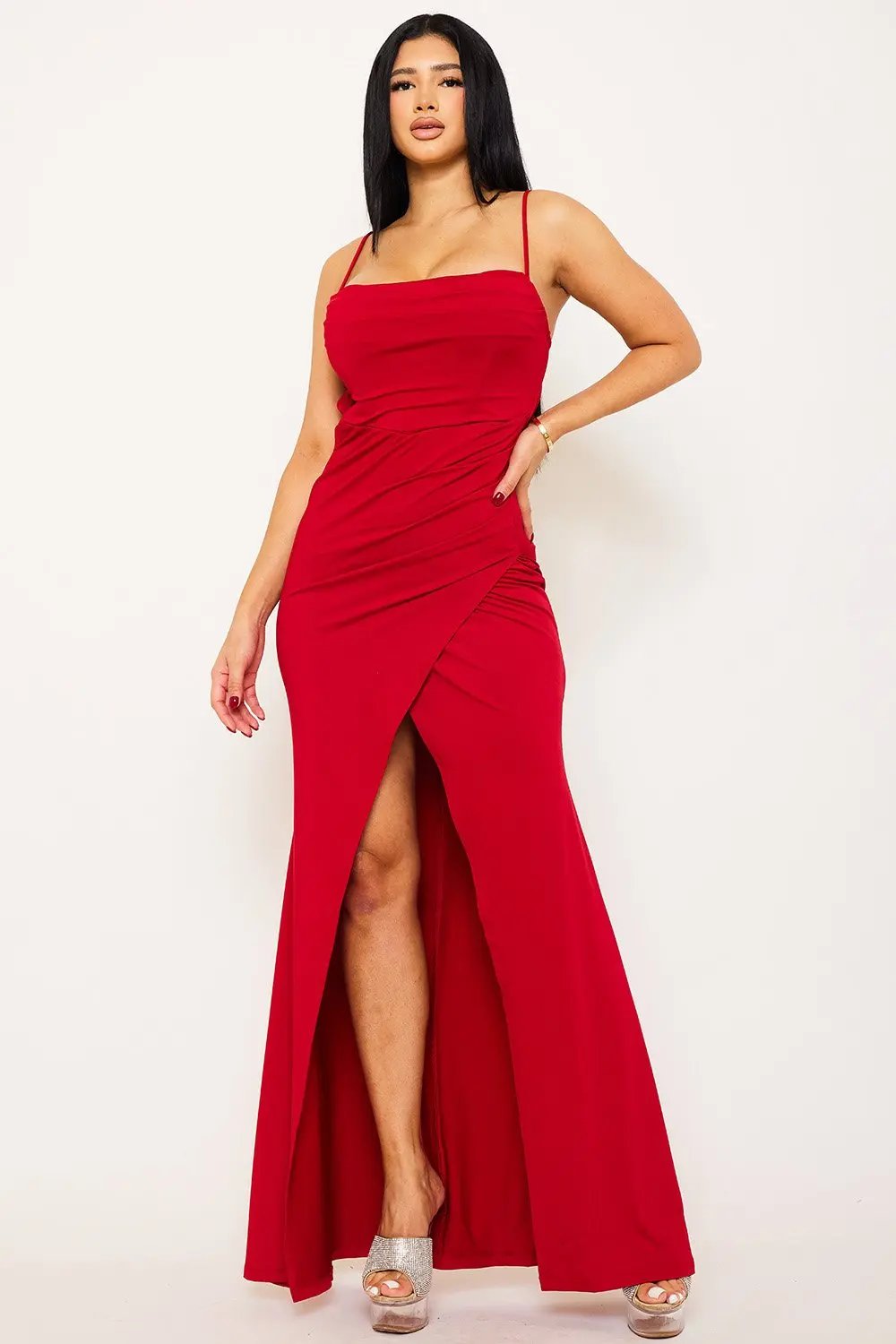 Pleated Cowl Neck Dress | Slip On Maxi With Bandeau Back BOUTINIE