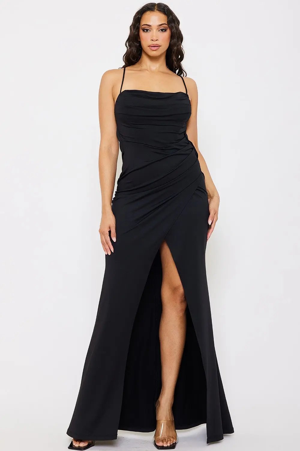 Pleated Cowl Neck Dress | Slip On Maxi With Bandeau Back BOUTINIE