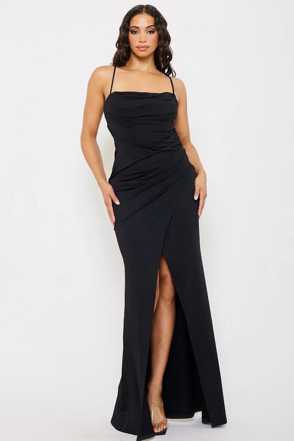 Pleated Cowl Neck Dress | Slip On Maxi With Bandeau Back BOUTINIE