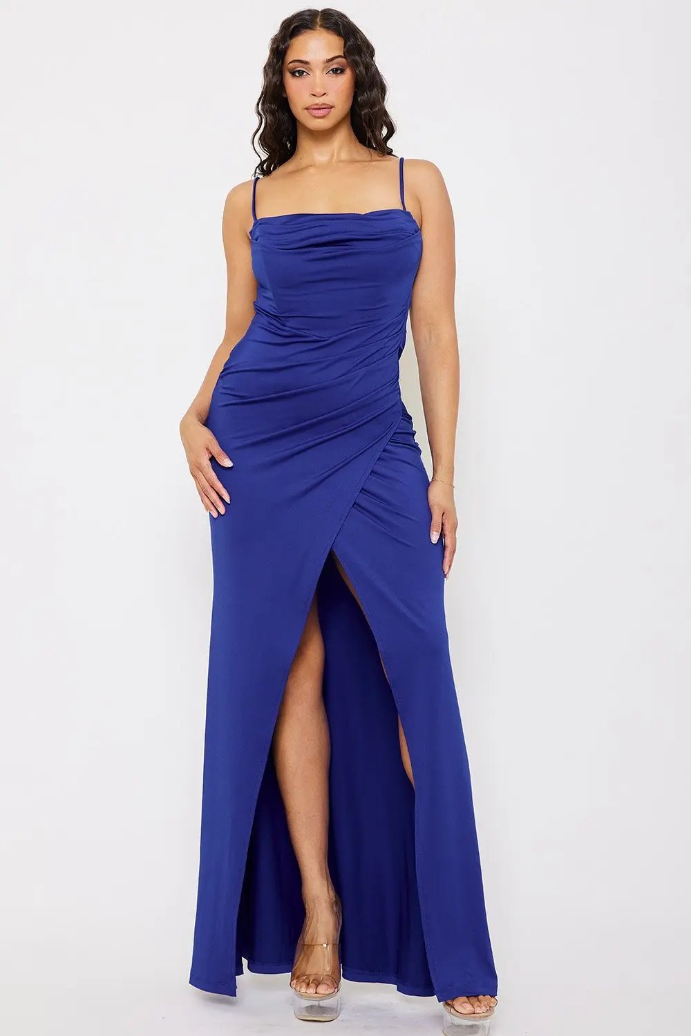Pleated Cowl Neck Dress | Slip On Maxi With Bandeau Back BOUTINIE