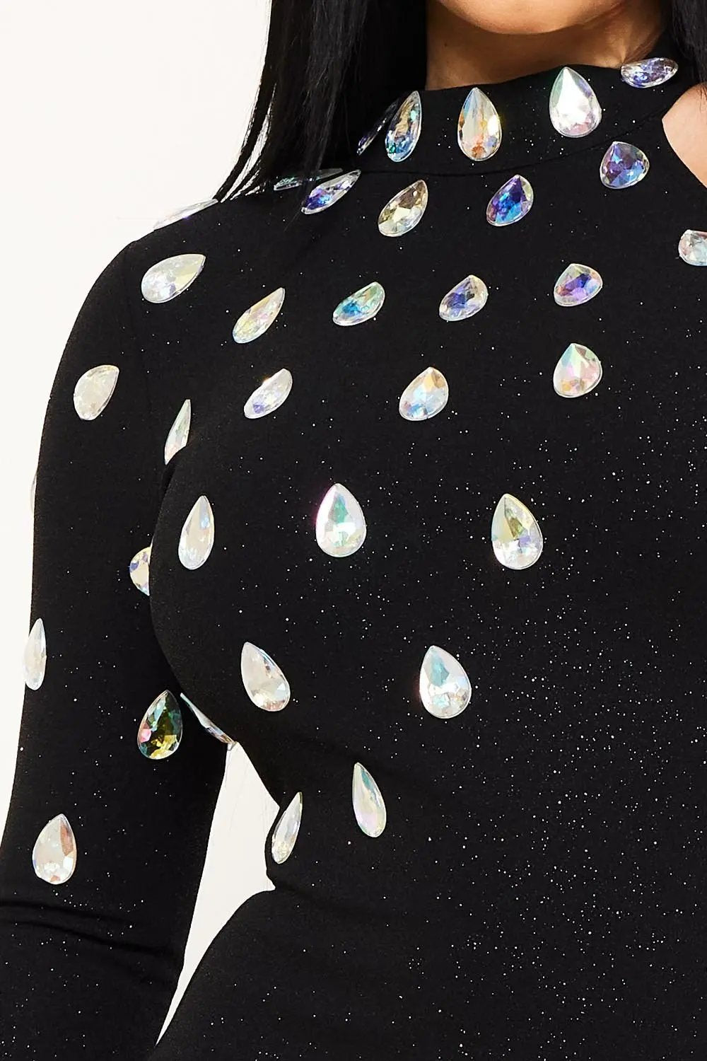 One Shoulder Maxi Dress With Teardrop Rhinestone Detail - Long Sleeve, Slit & Zipper Back BOUTINIE