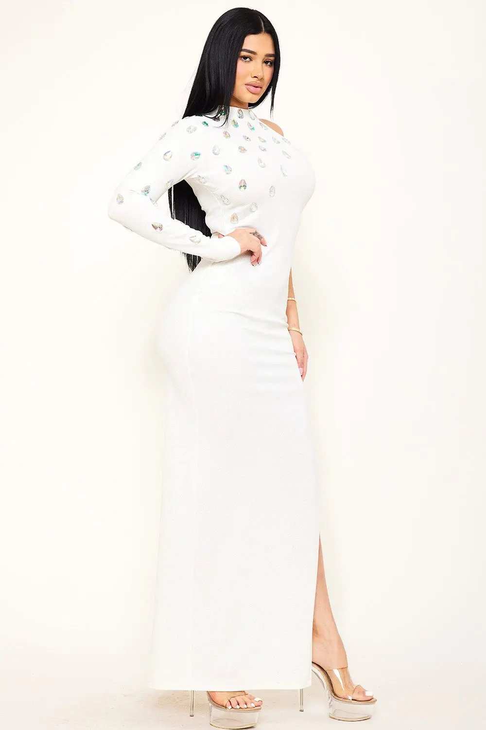 One Shoulder Maxi Dress With Teardrop Rhinestone Detail - Long Sleeve, Slit & Zipper Back BOUTINIE