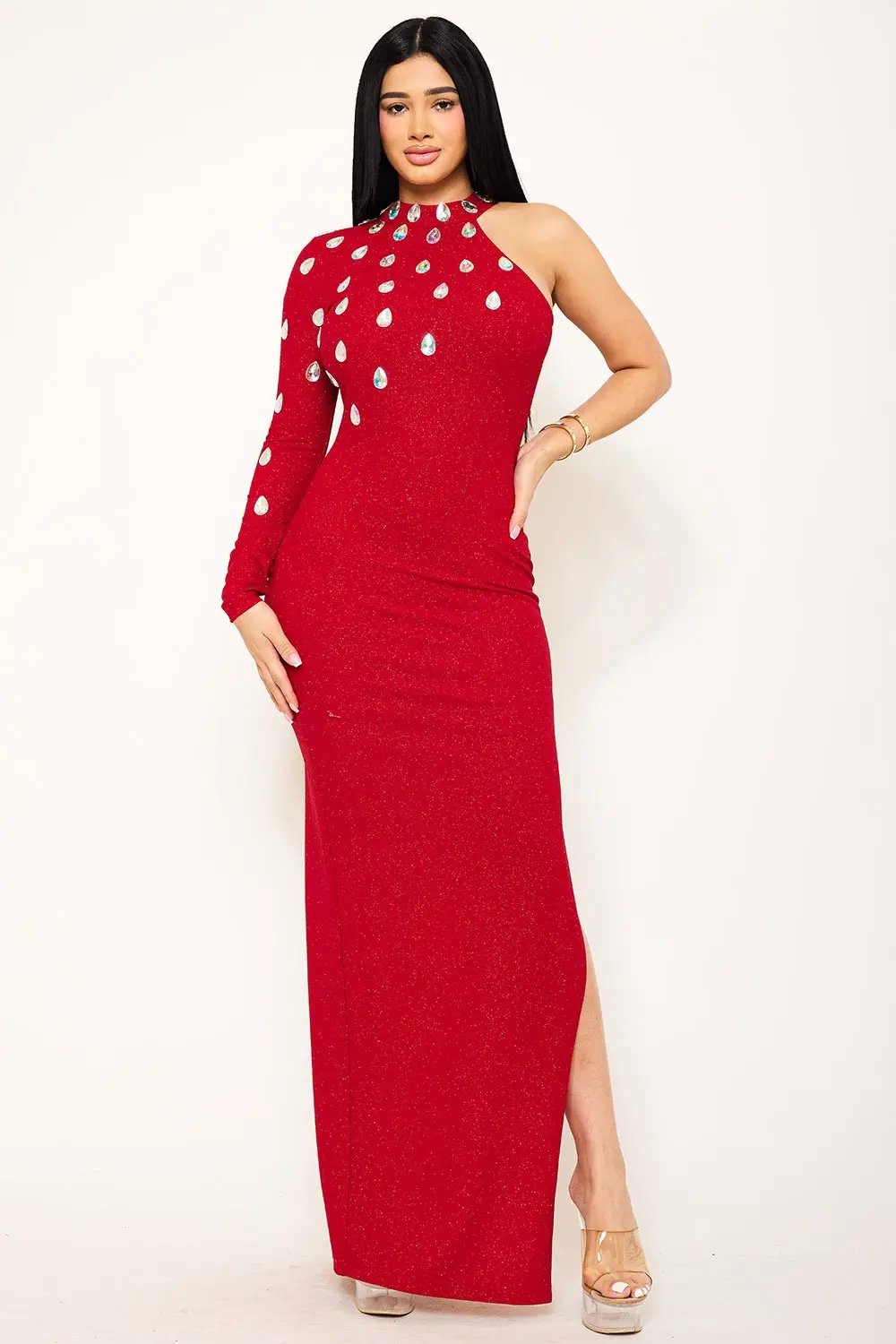 One Shoulder Maxi Dress With Teardrop Rhinestone Detail - Long Sleeve, Slit & Zipper Back BOUTINIE