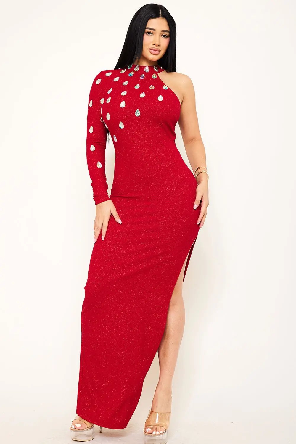 One Shoulder Maxi Dress With Teardrop Rhinestone Detail - Long Sleeve, Slit & Zipper Back BOUTINIE