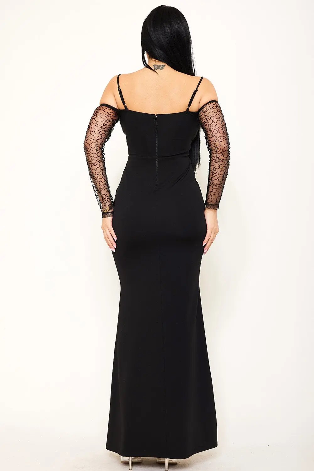 Beaded Mesh Maxi Dress - Pleated Bust, Adjustable Strap Evening Gown BOUTINIE