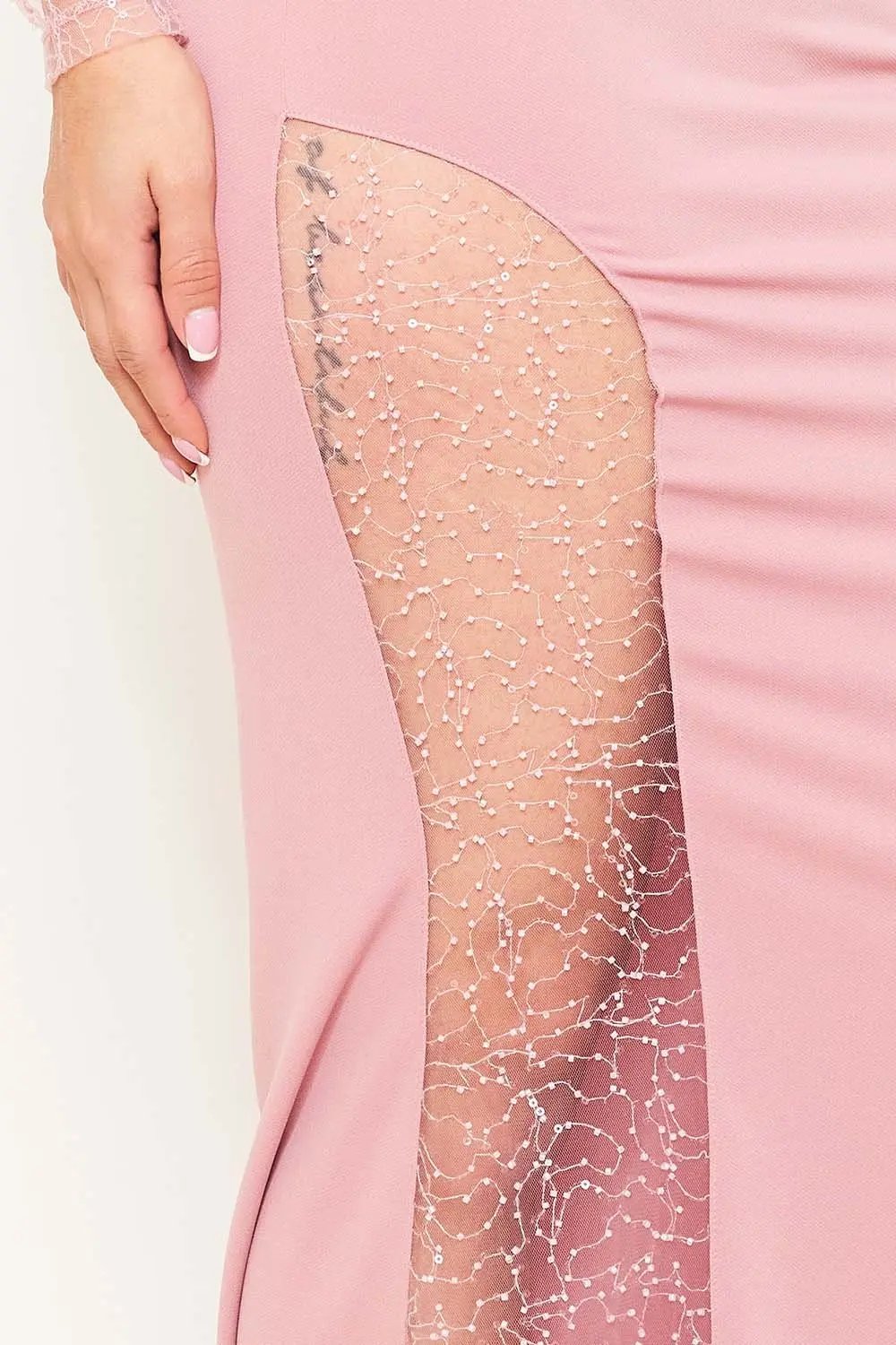 Beaded Mesh Maxi Dress - Pleated Bust, Adjustable Strap Evening Gown BOUTINIE