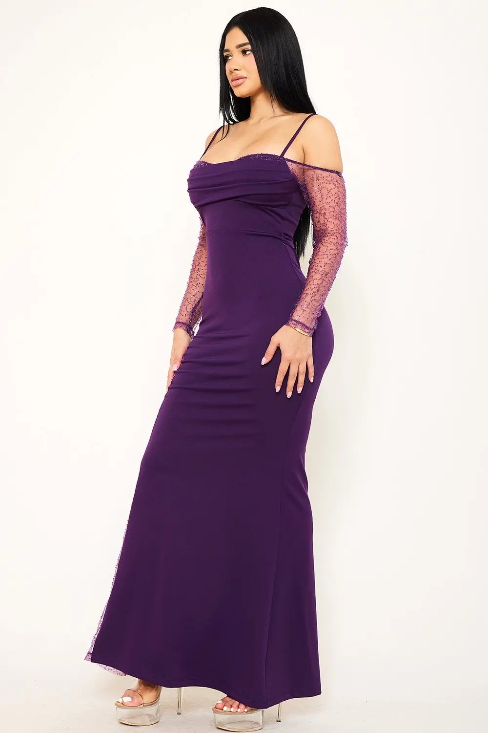 Beaded Mesh Maxi Dress - Pleated Bust, Adjustable Strap Evening Gown BOUTINIE