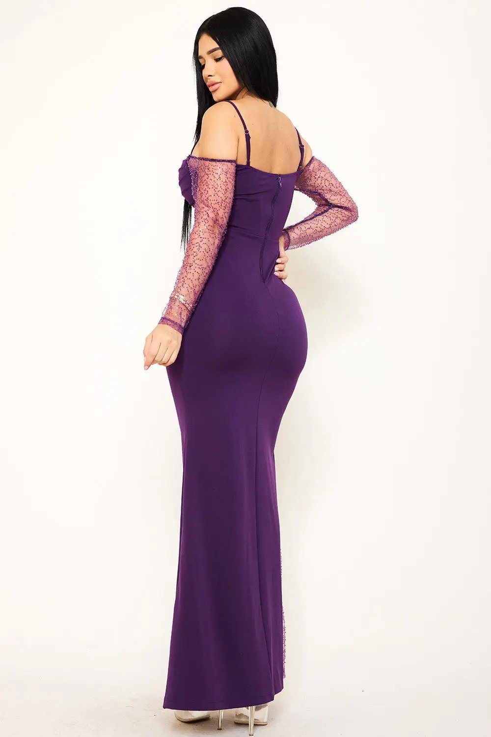 Beaded Mesh Maxi Dress - Pleated Bust, Adjustable Strap Evening Gown BOUTINIE