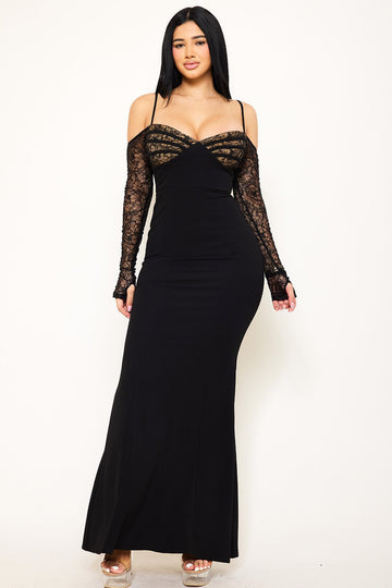 Black floor-length evening gown with off-the-shoulder long lace sleeves and a sweetheart neckline from Boutinie.