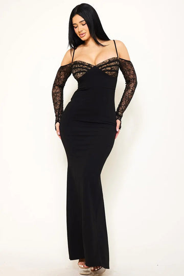 Lace Maxi Dress – Adjustable Strap Evening Gown With Piping Detail BOUTINIE