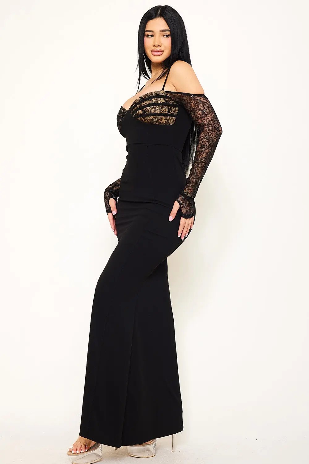 Lace Maxi Dress – Adjustable Strap Evening Gown With Piping Detail BOUTINIE