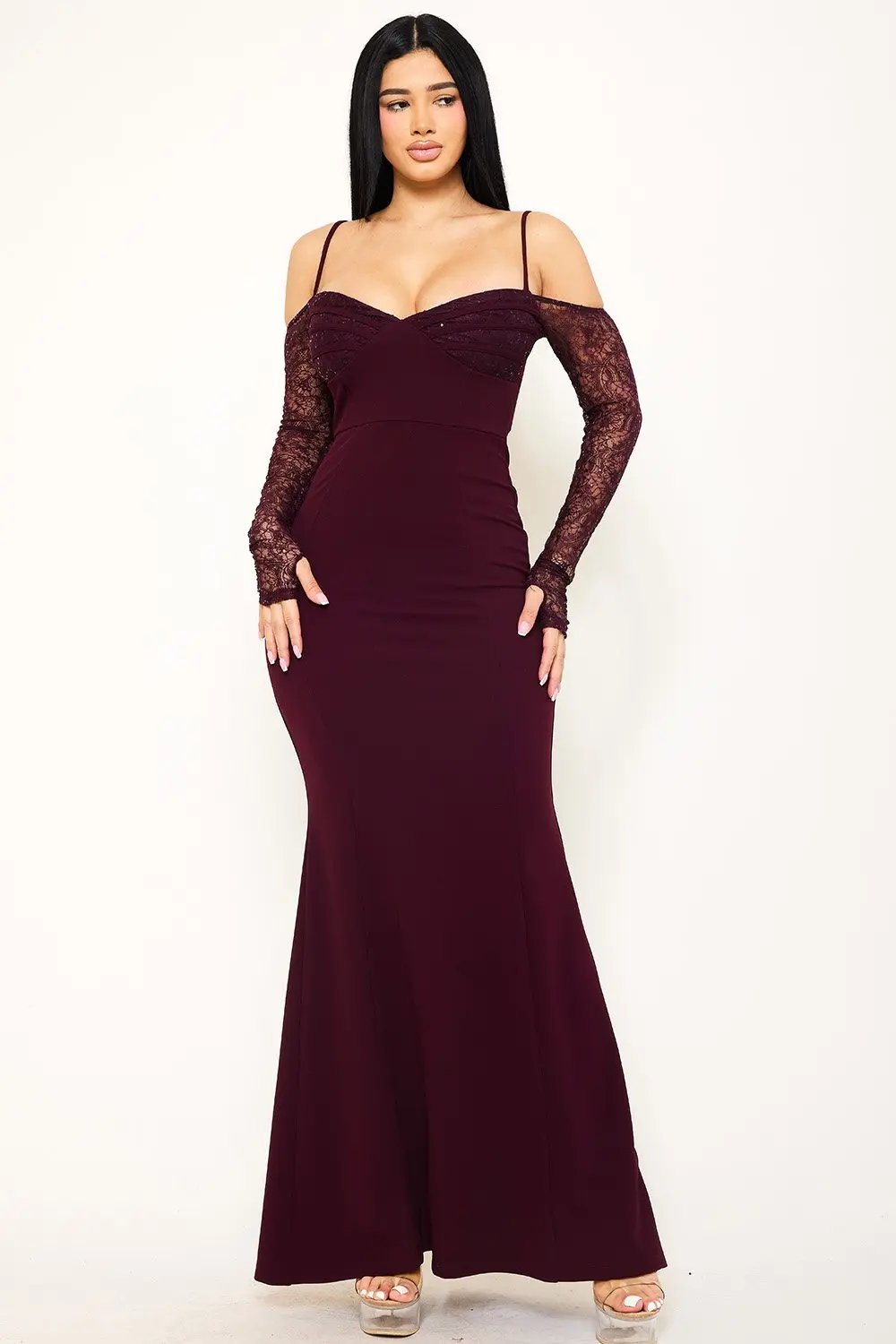 Lace Maxi Dress – Adjustable Strap Evening Gown With Piping Detail BOUTINIE