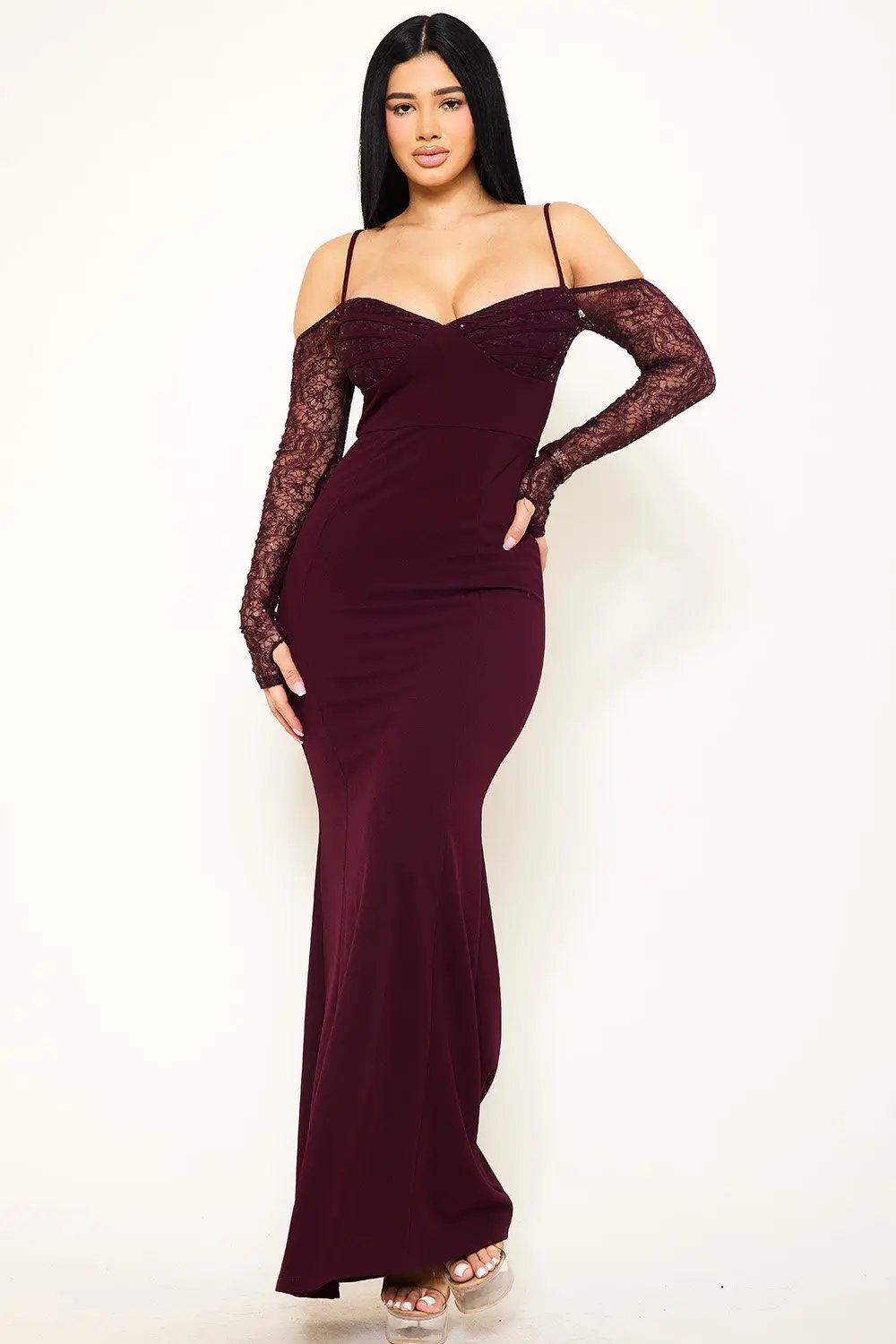 Lace Maxi Dress – Adjustable Strap Evening Gown With Piping Detail BOUTINIE