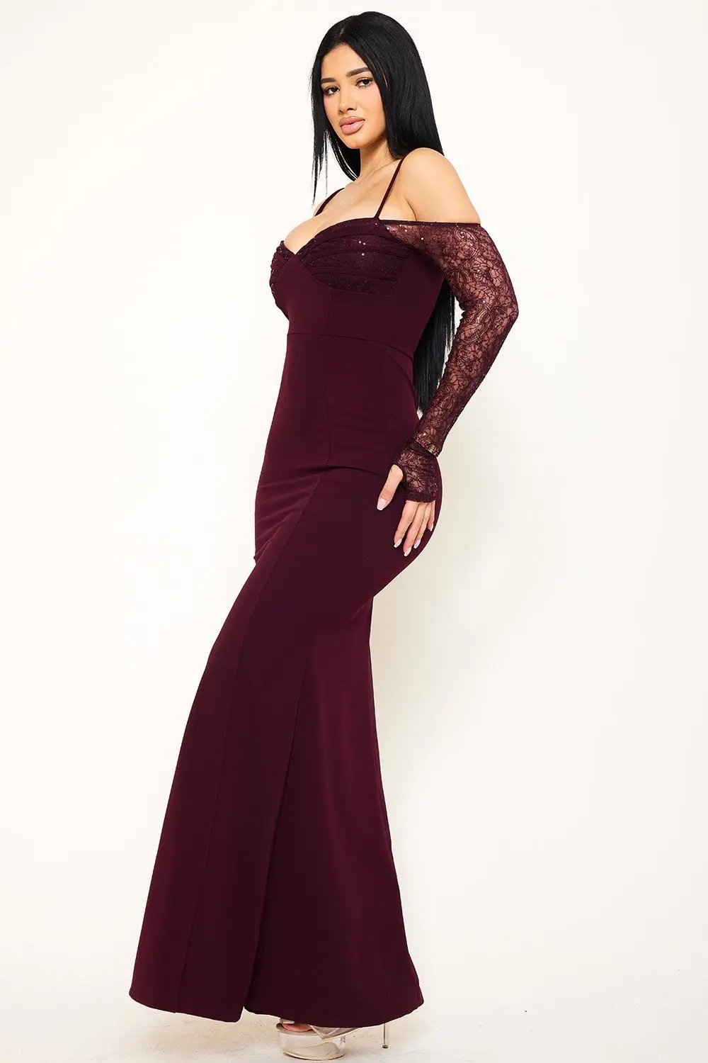 Lace Maxi Dress – Adjustable Strap Evening Gown With Piping Detail BOUTINIE