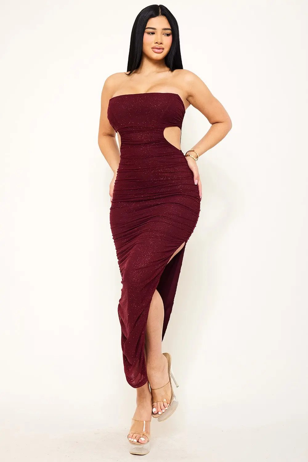 Pleated Maxi Dress - Glitter Tube Top Gown With Cut Out Waist BOUTINIE