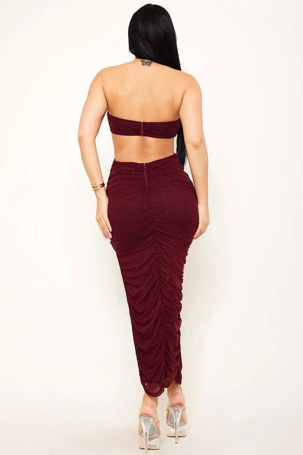 Pleated Maxi Dress - Glitter Tube Top Gown With Cut Out Waist BOUTINIE