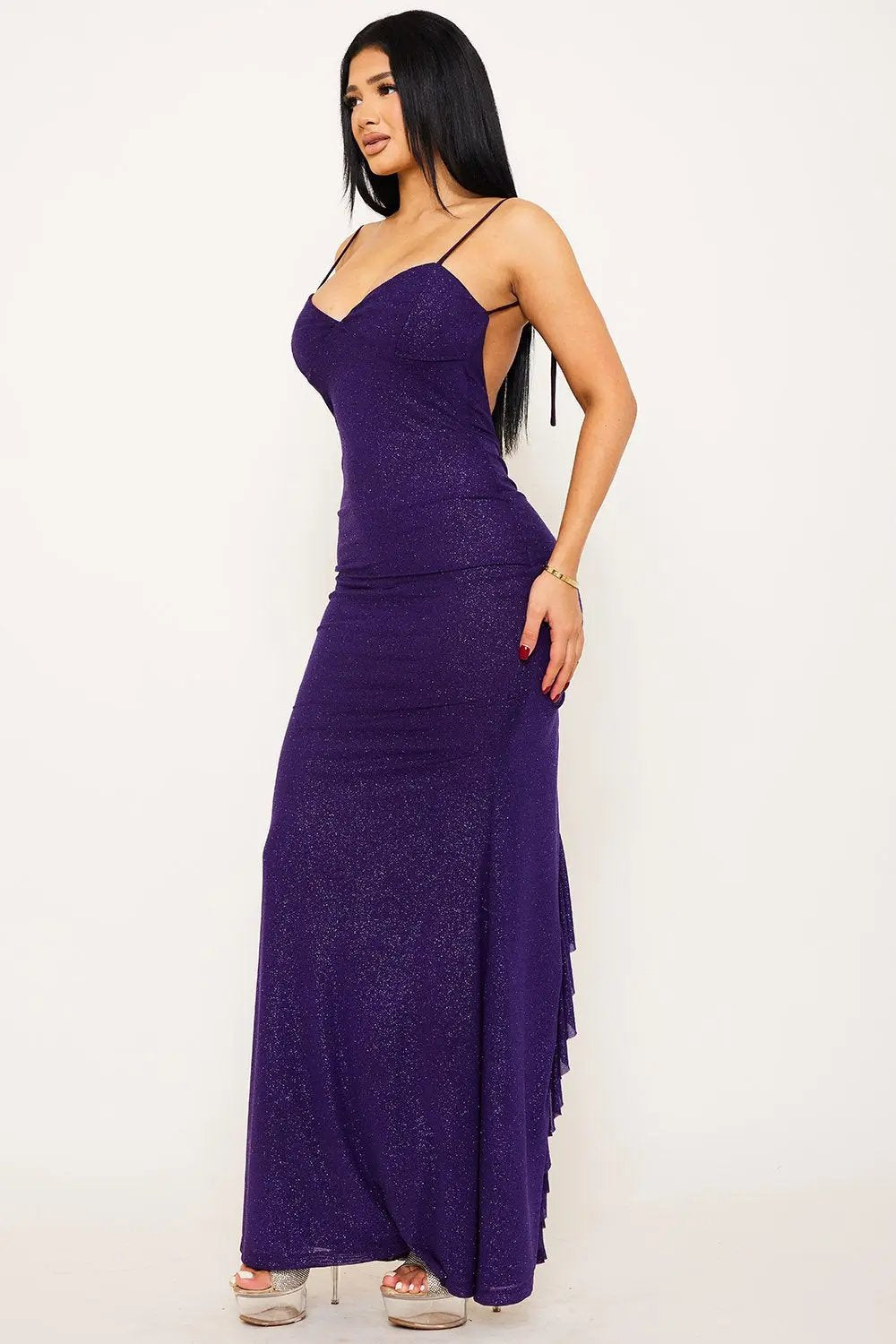 Glitter Mesh Maxi Dress – Open Back Ruffle Evening Wear BOUTINIE