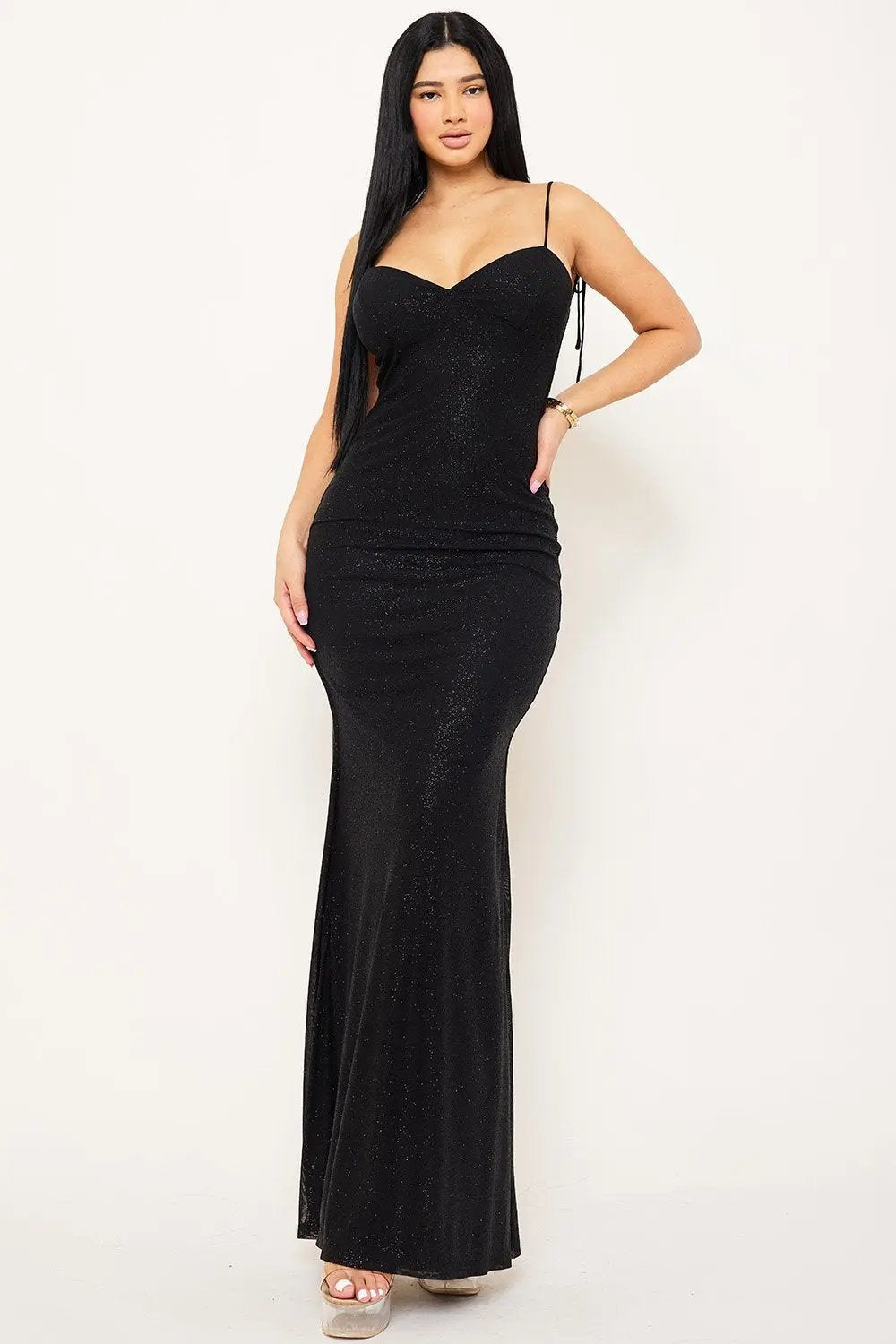 Glitter Mesh Maxi Dress – Open Back Ruffle Evening Wear BOUTINIE