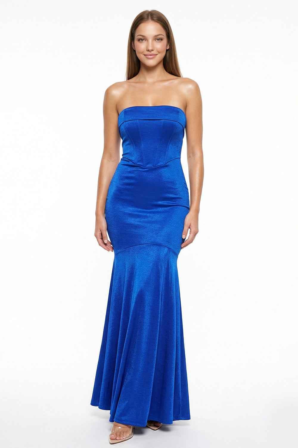 Metallic Satin Tube Top Mermaid Prom Dress
