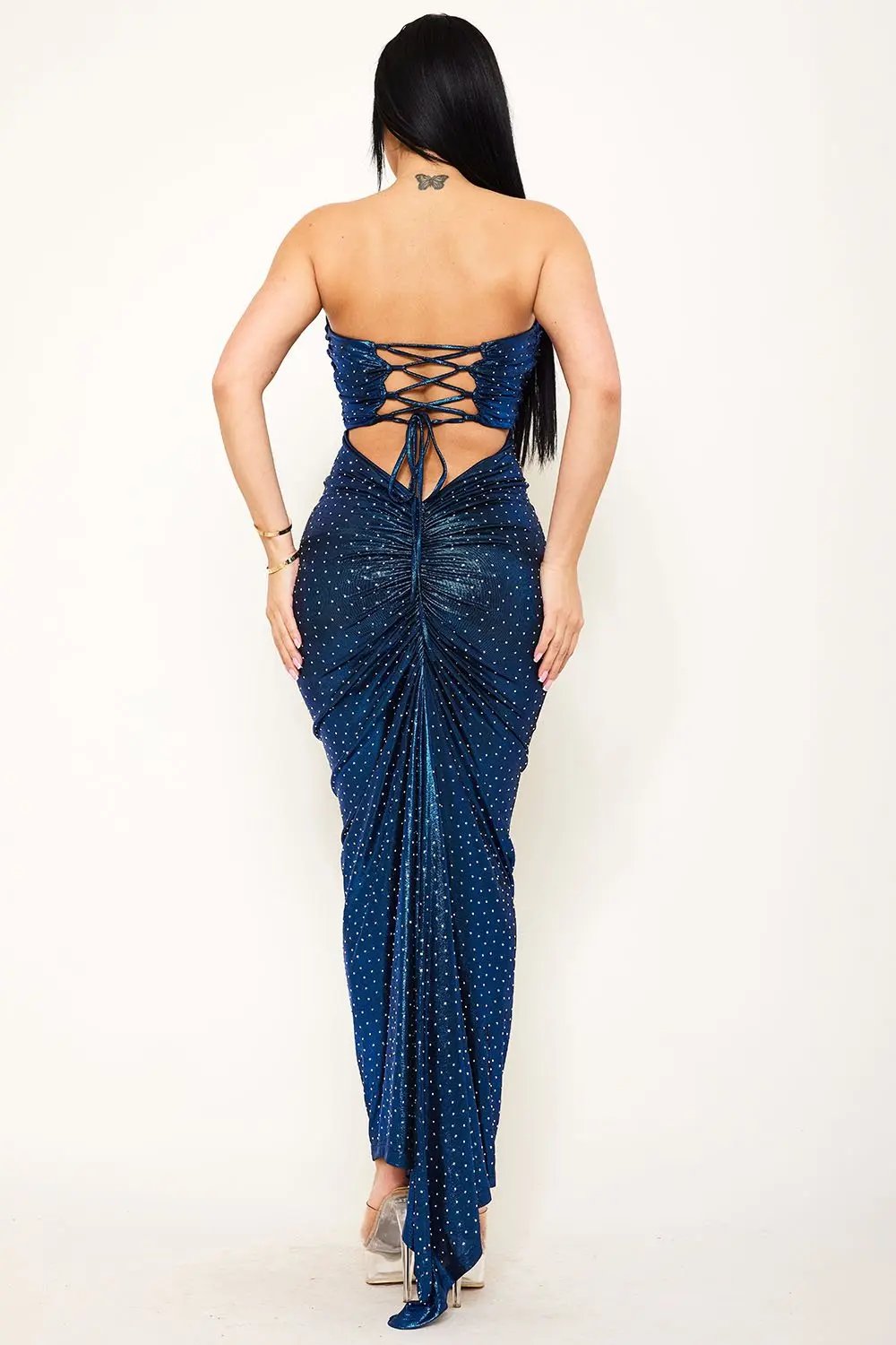 Metallic Foil Maxi Dress With Criss Cross Self Tie Back BOUTINIE