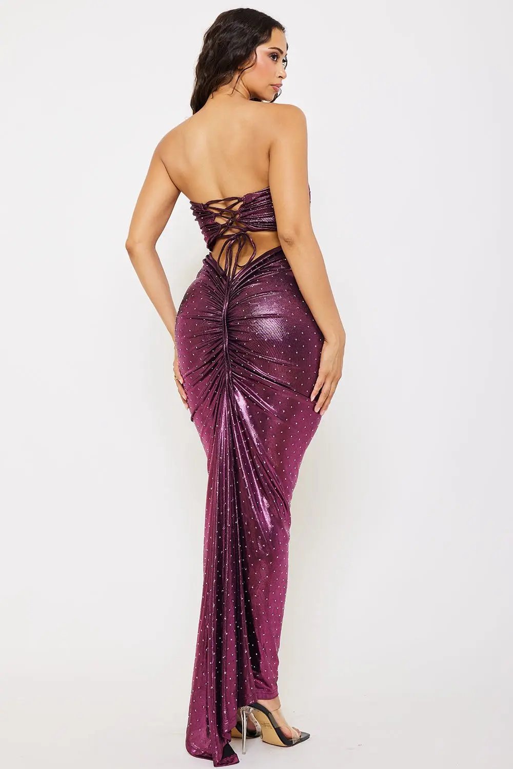 Metallic Foil Maxi Dress With Criss Cross Self Tie Back BOUTINIE