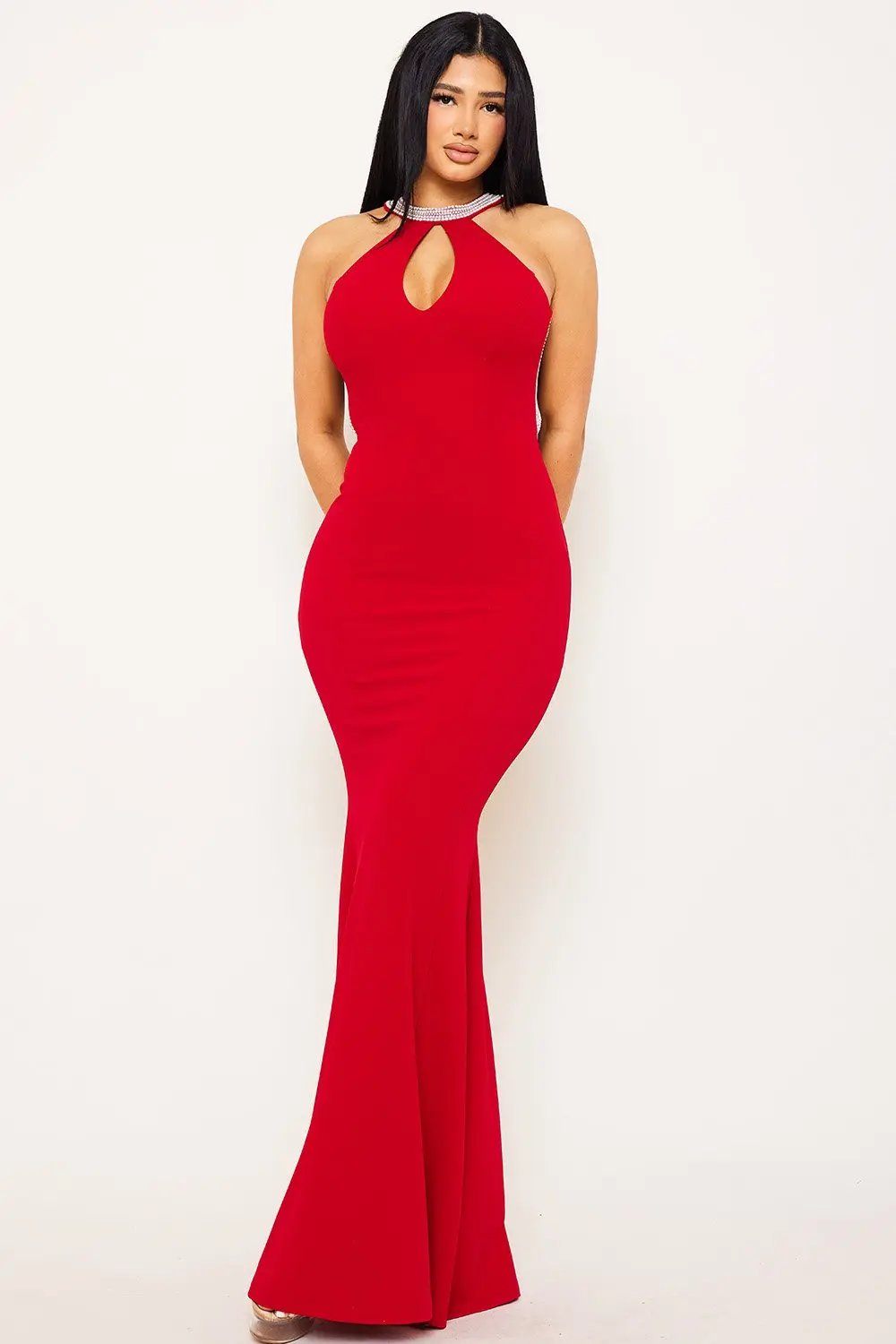 Mermaid Maxi Dress – Pearl Back Halter Neck Gown With Zipper Closure BOUTINIE