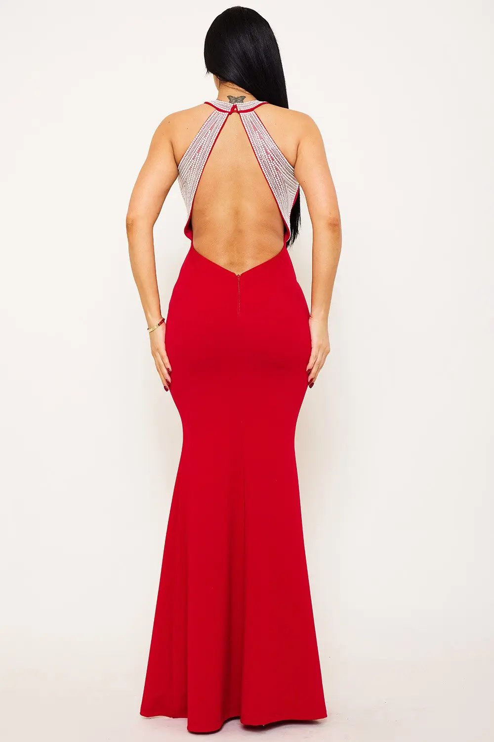 Mermaid Maxi Dress – Pearl Back Halter Neck Gown With Zipper Closure BOUTINIE