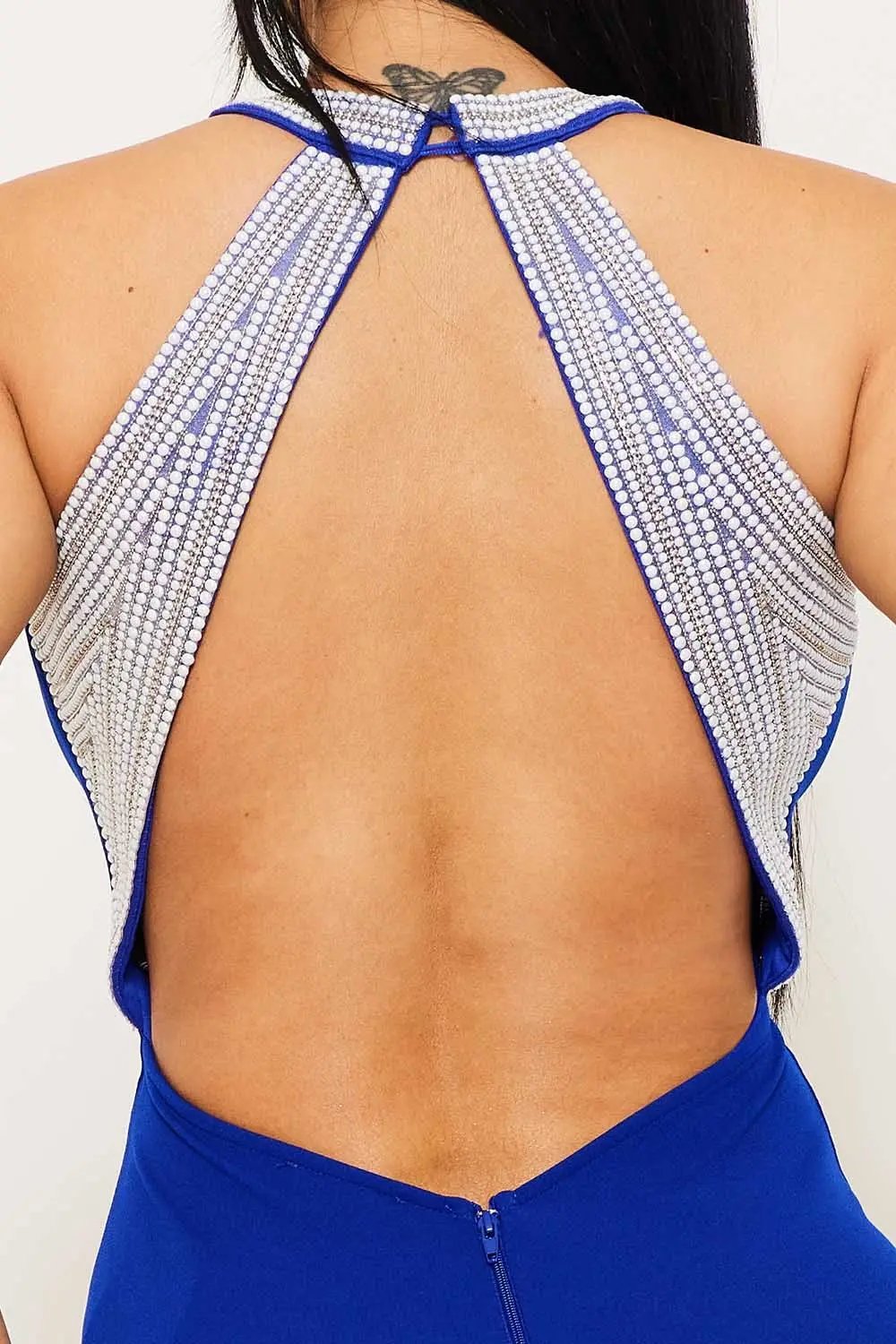 Mermaid Maxi Dress – Pearl Back Halter Neck Gown With Zipper Closure BOUTINIE