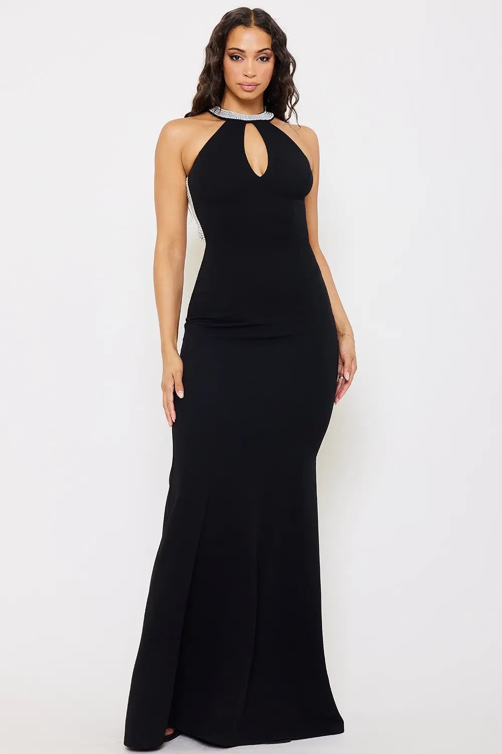 Mermaid Maxi Dress – Pearl Back Halter Neck Gown With Zipper Closure BOUTINIE