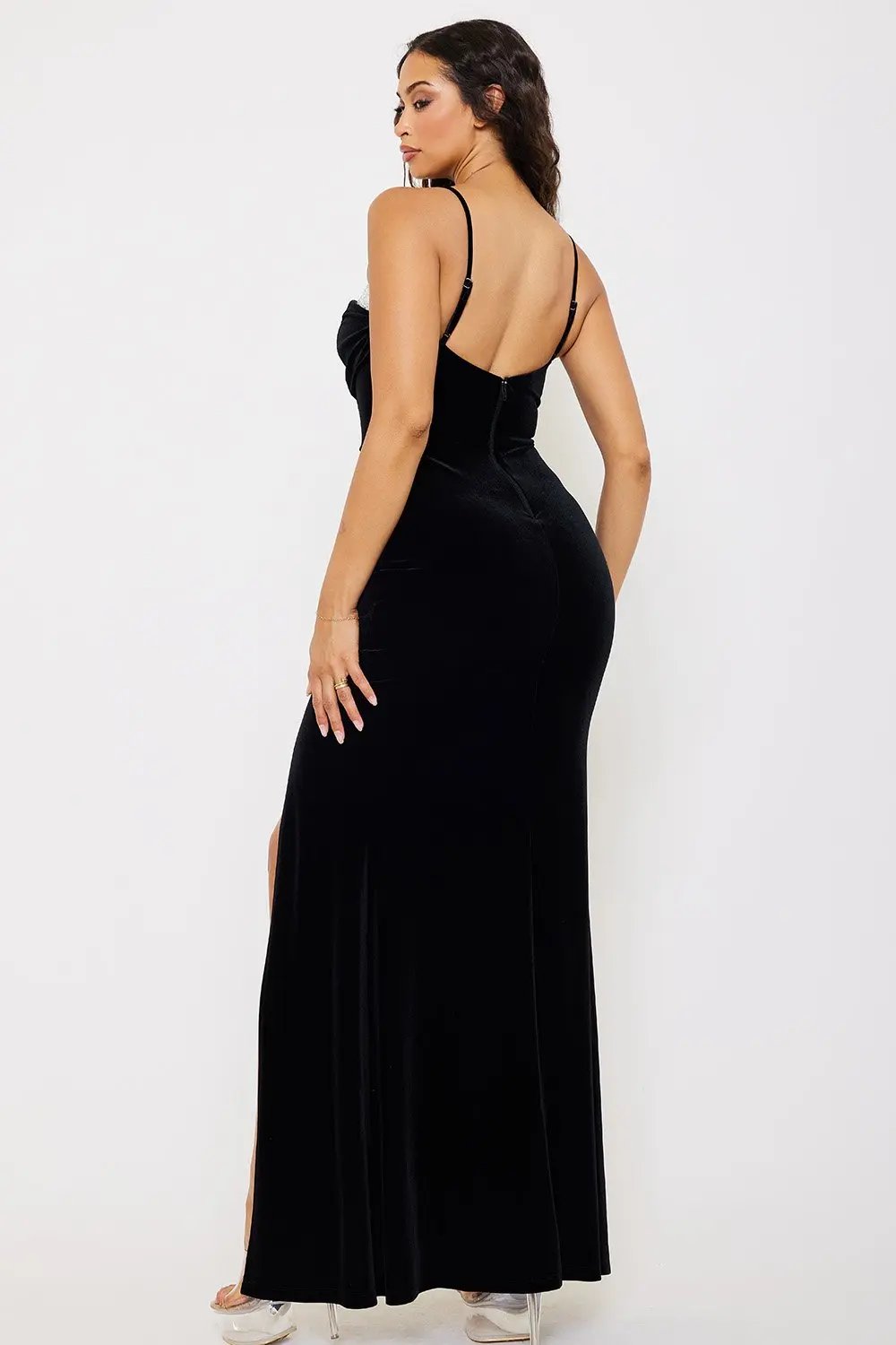 Velvet Maxi Dress - Rhinestone Pearl Panel Gown With Adjustable Strap BOUTINIE