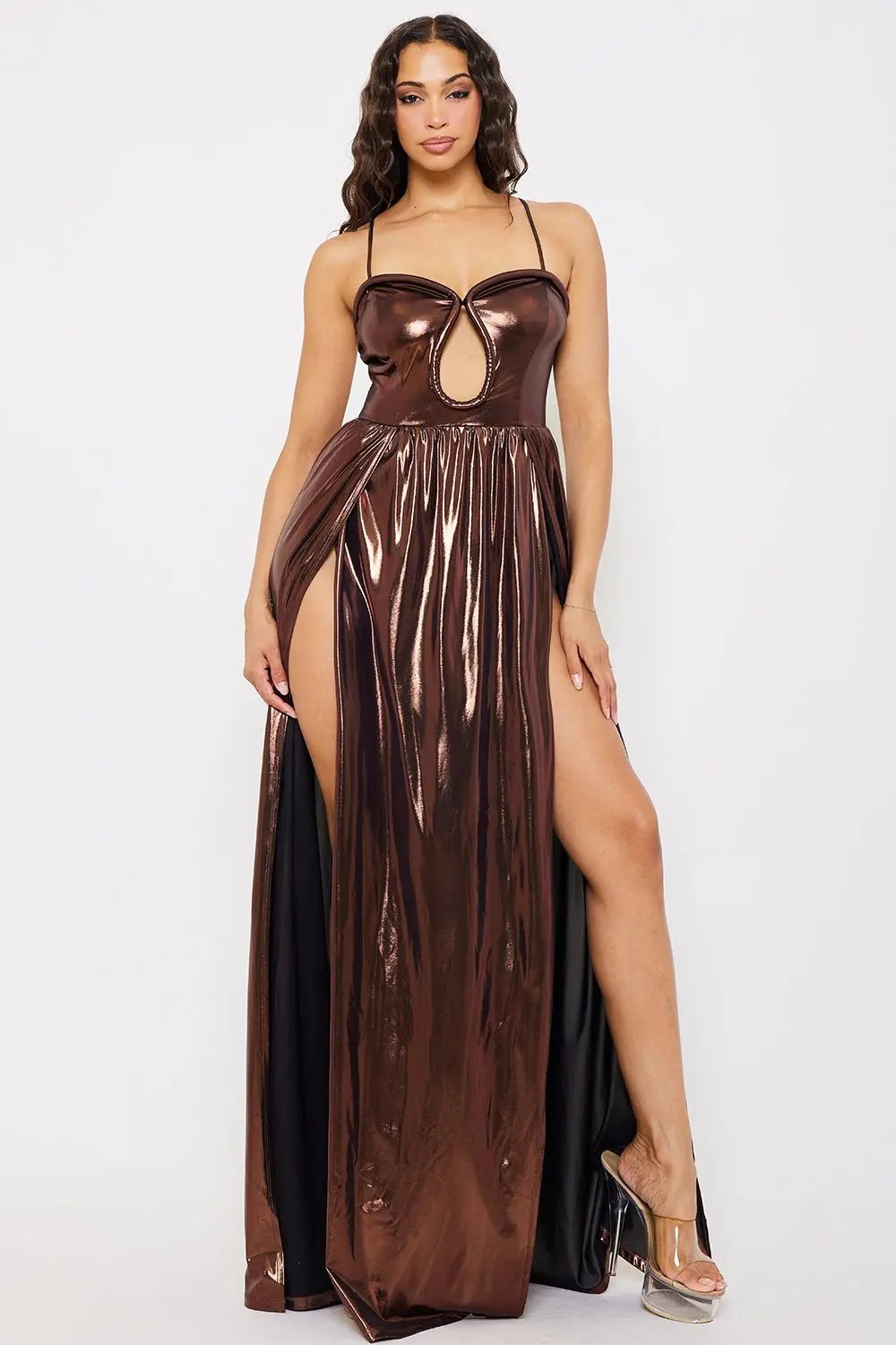 Foil Plunge Maxi Dress - Wired Bust, Adjustable Strap & Wrap Leg Opening BOUTINIE