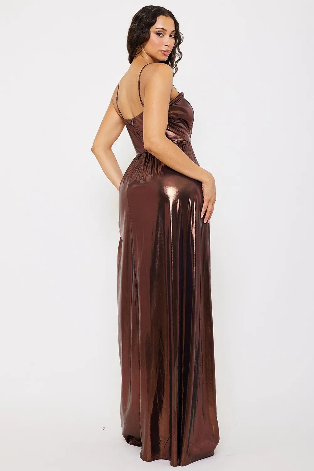 Foil Plunge Maxi Dress - Wired Bust, Adjustable Strap & Wrap Leg Opening BOUTINIE