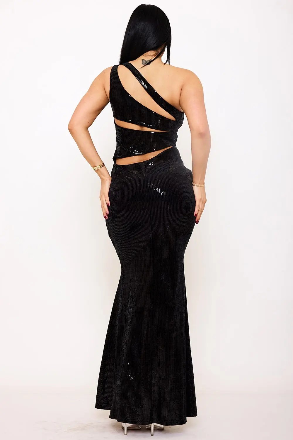 Sequin Maxi Dress – One Shoulder Back Cutout Evening Gown BOUTINIE