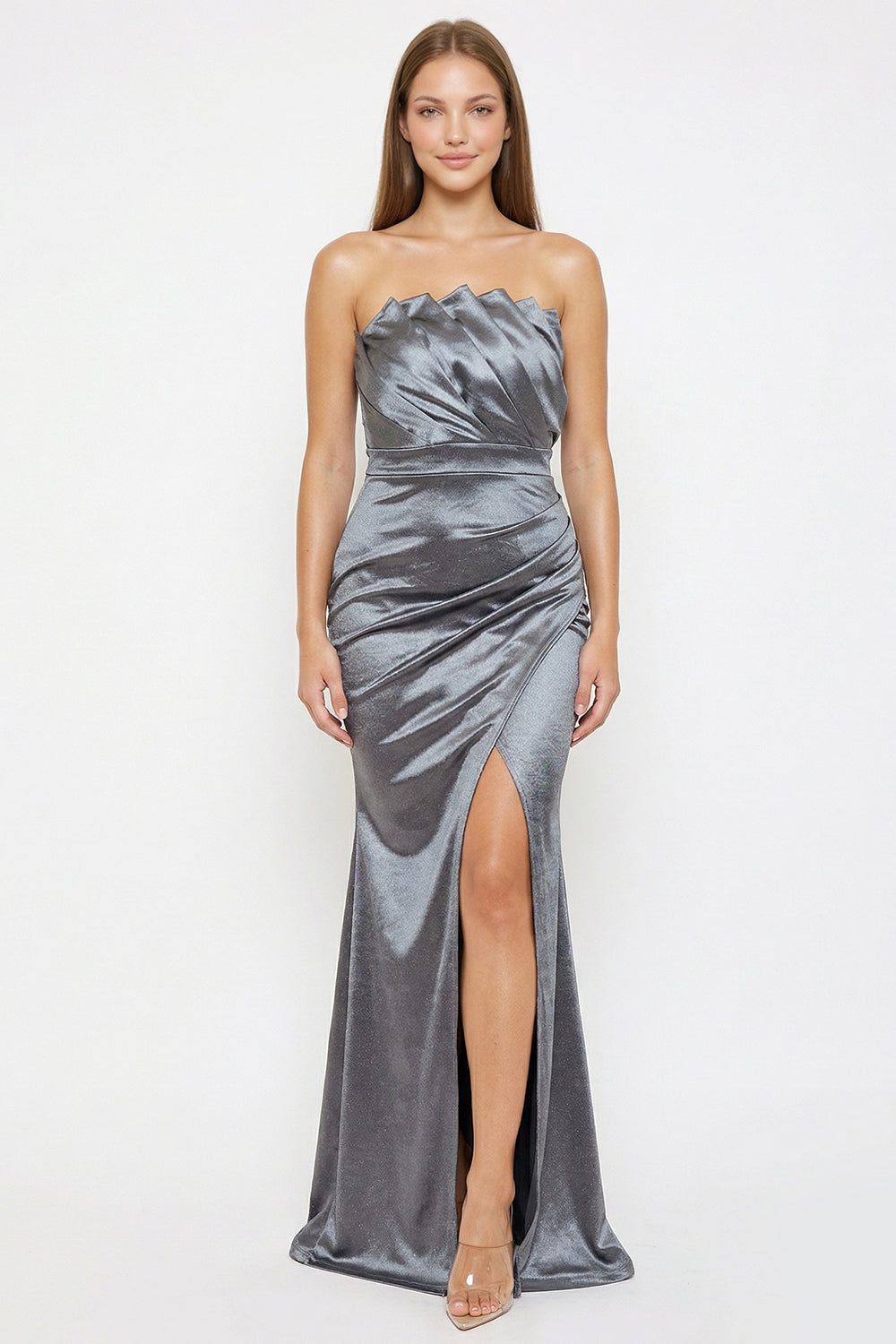 Metallic charcoal grey strapless evening gown with pleated bodice, draped waist, and side slit by Boutinie.