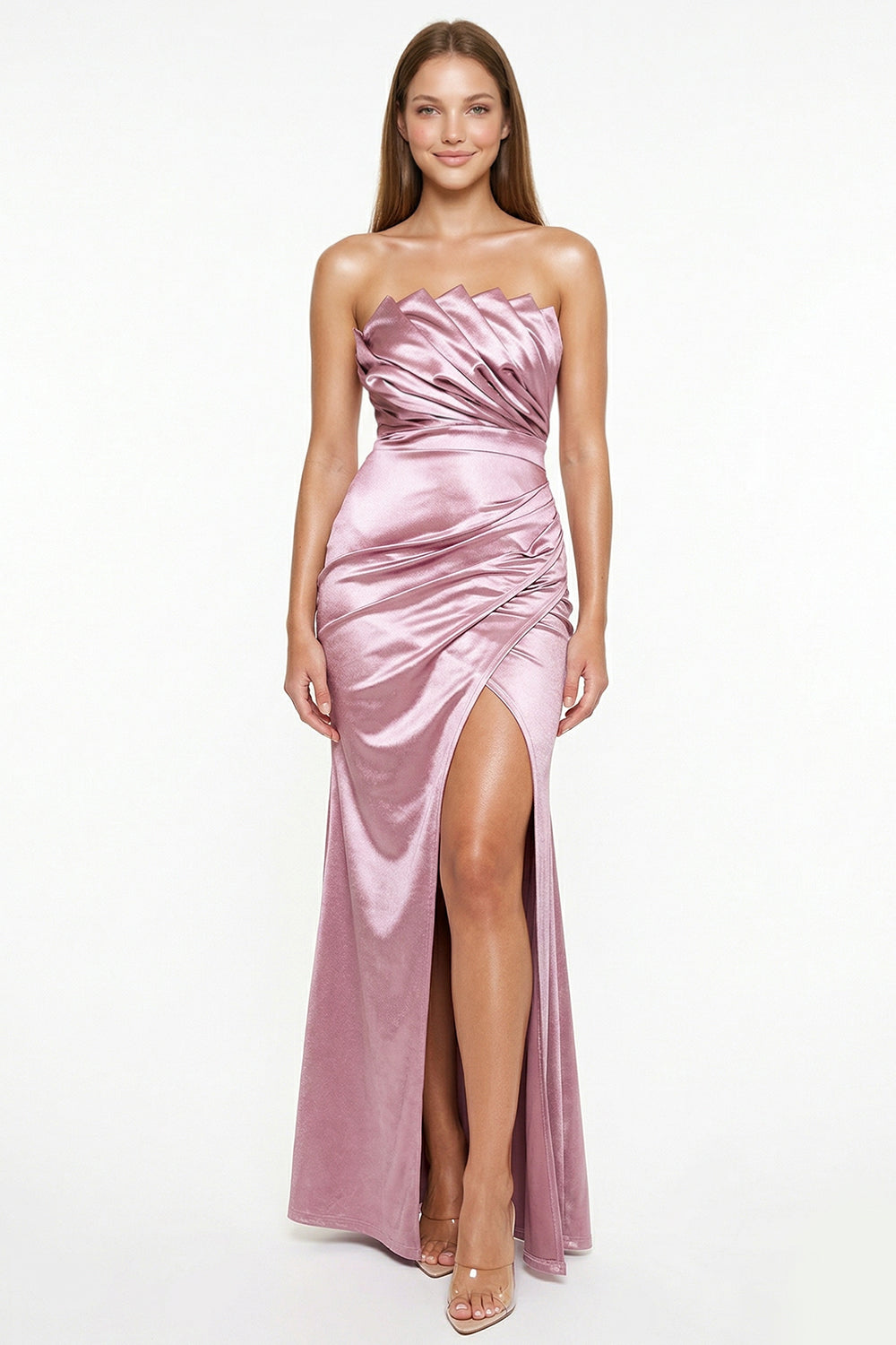 Mauve satin strapless evening gown with a pleated bodice, side slit, and bodycon silhouette for formal events.
