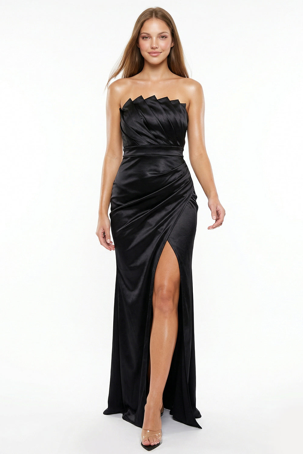 Boutinie black satin strapless evening gown with pleated bodice, draped waist, and high leg slit.