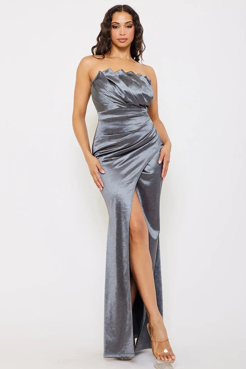 Glittered Satin Maxi Dress – Pleated Wrap Tube Top Gown BOUTINIE