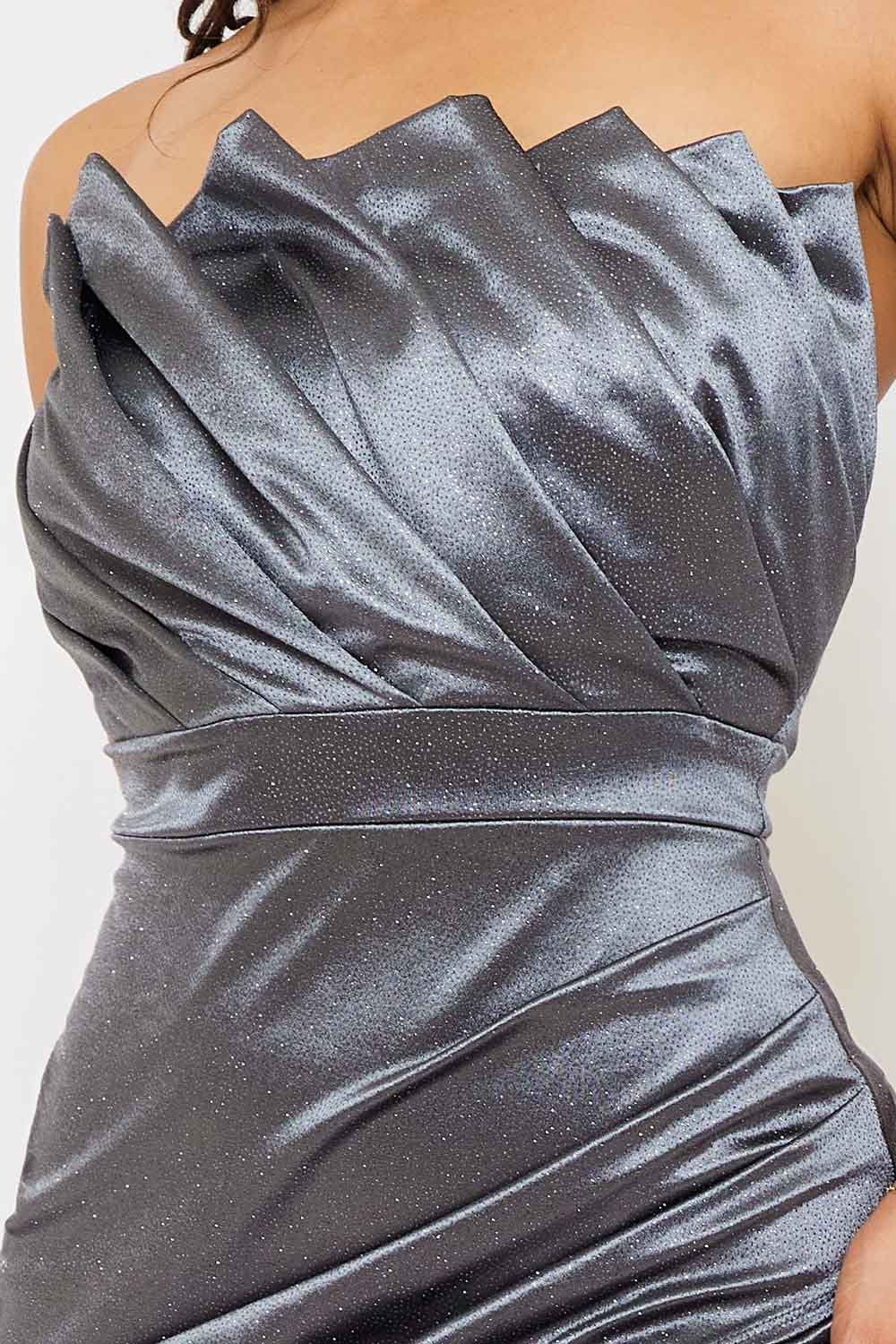 Glittered Satin Maxi Dress – Pleated Wrap Tube Top Gown BOUTINIE