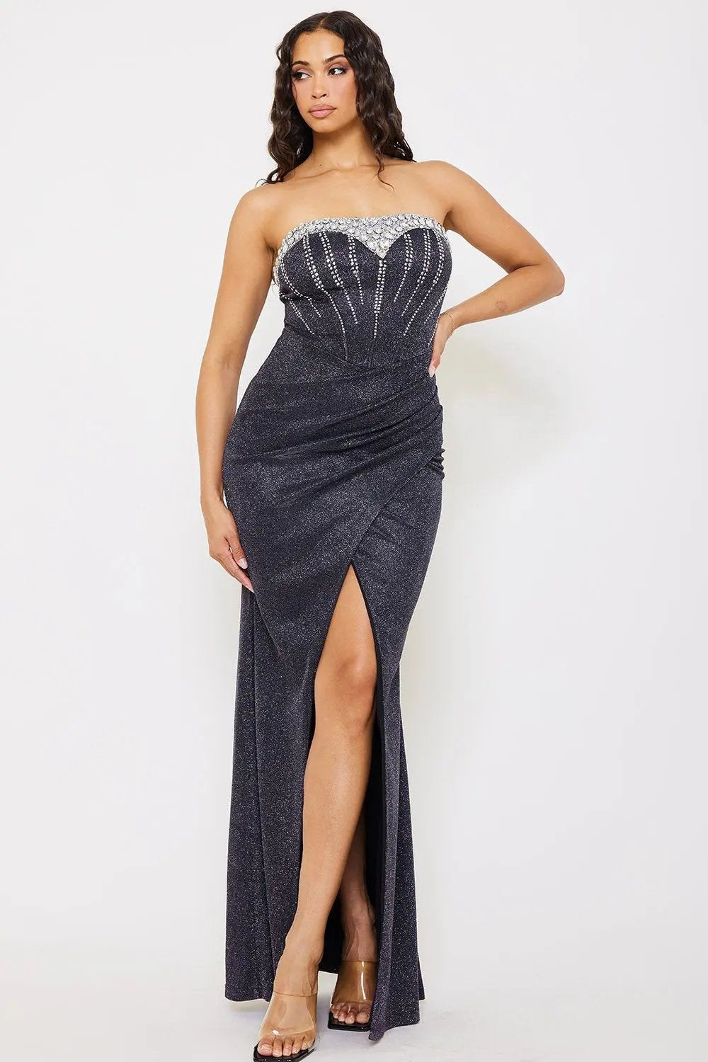 Rhinestone Maxi Dress | Shiny Knit Pleated Evening Gown BOUTINIE