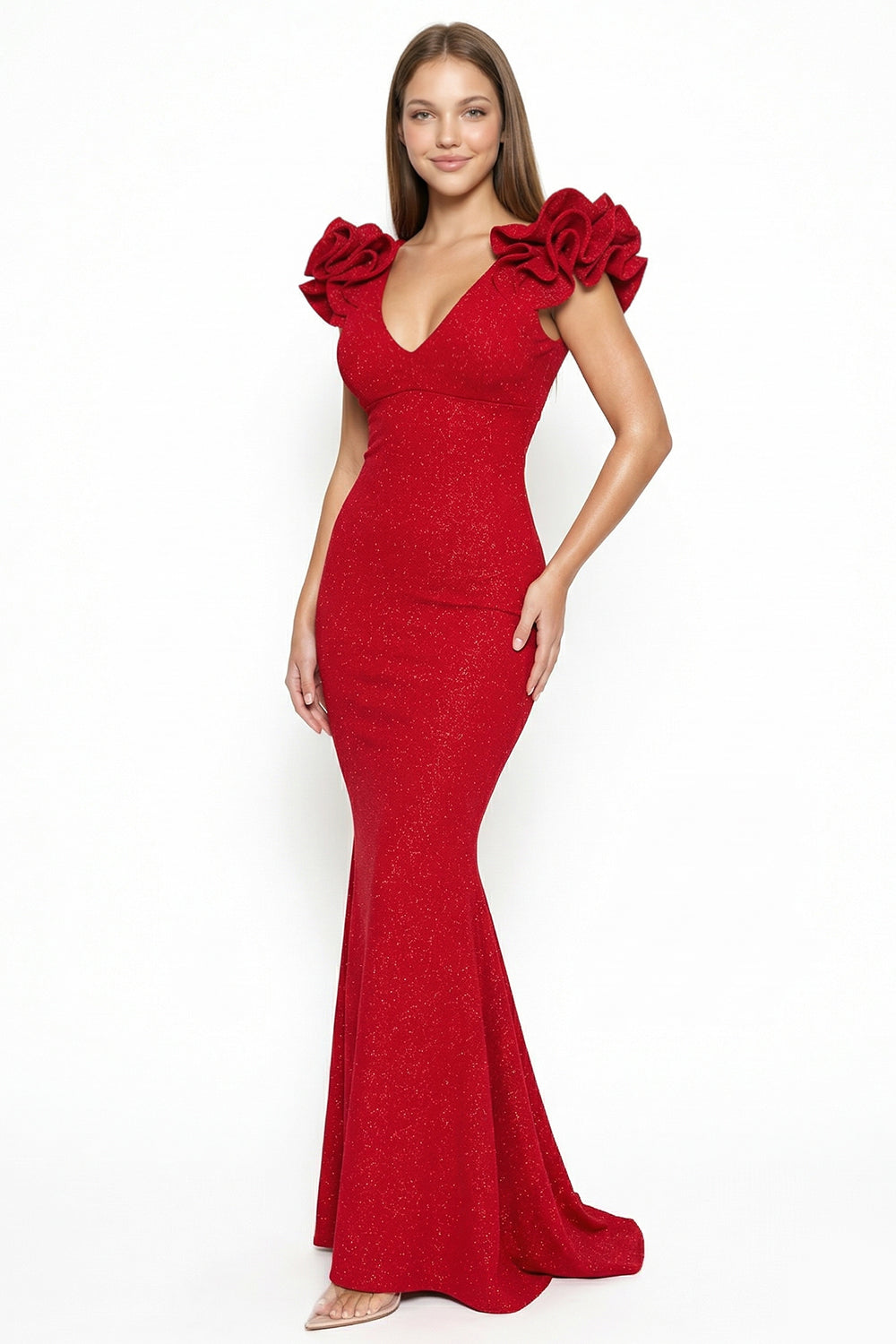 Red shimmering mermaid evening gown with ruffled cap sleeves and V-neckline from Boutinie.
