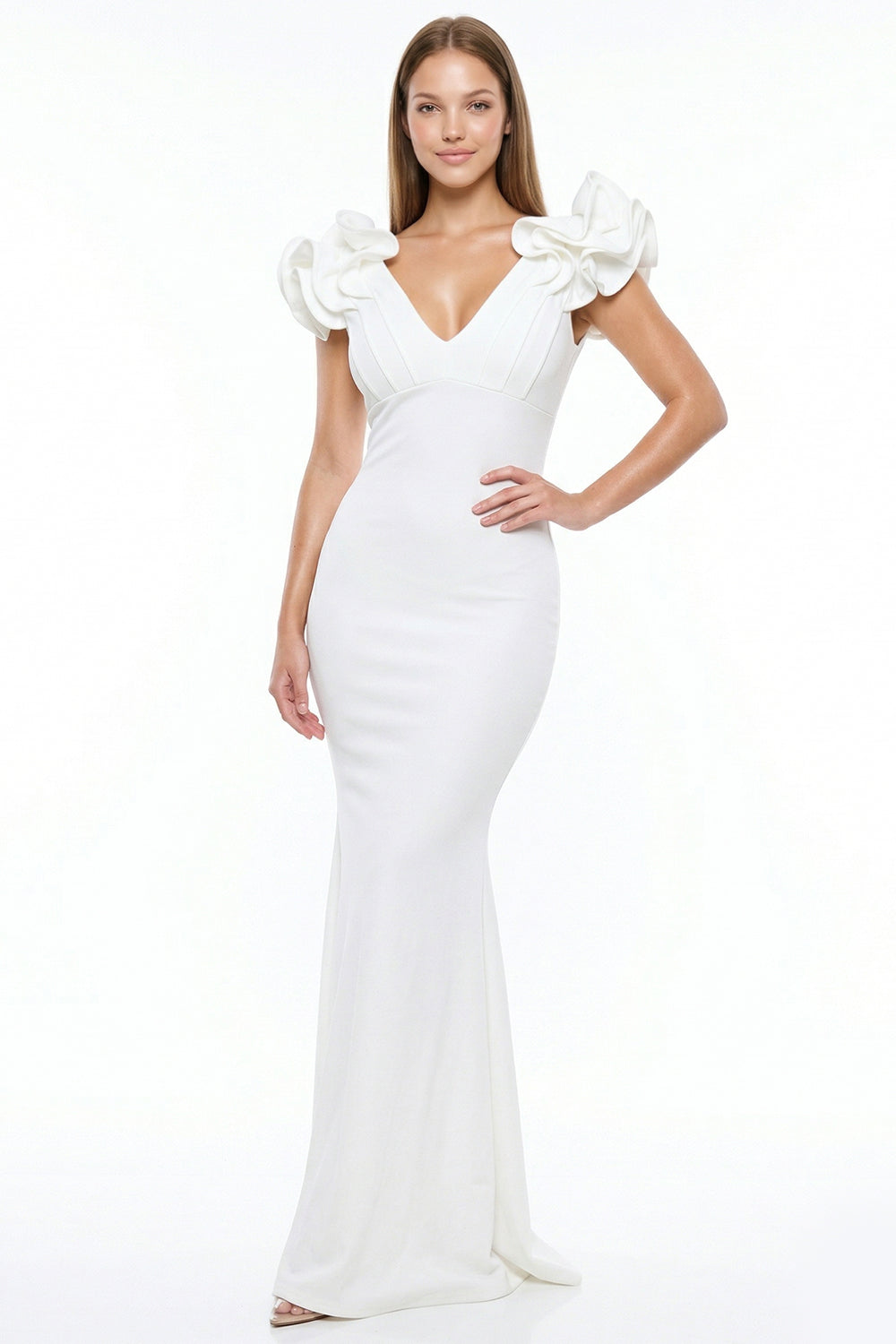 White mermaid gown by Boutinie with V-neck, ruffled cap sleeves, and fitted bodice for formal bridal events.