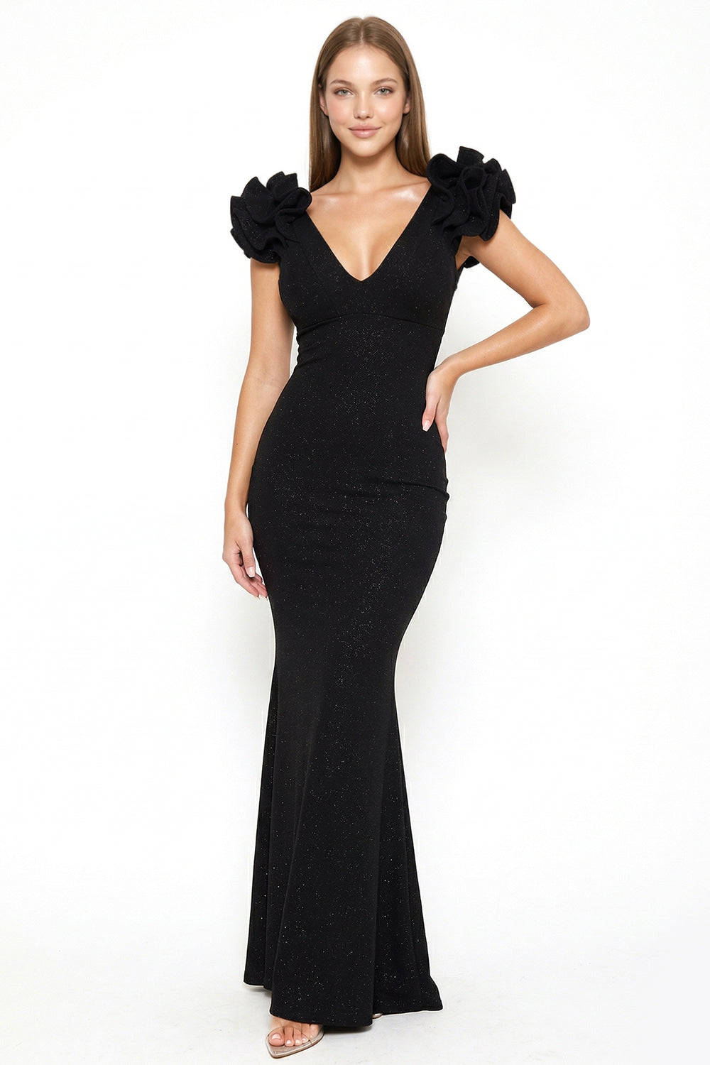 Black glitter mermaid evening gown with a V-neckline and statement ruffled cap sleeves by Boutinie.