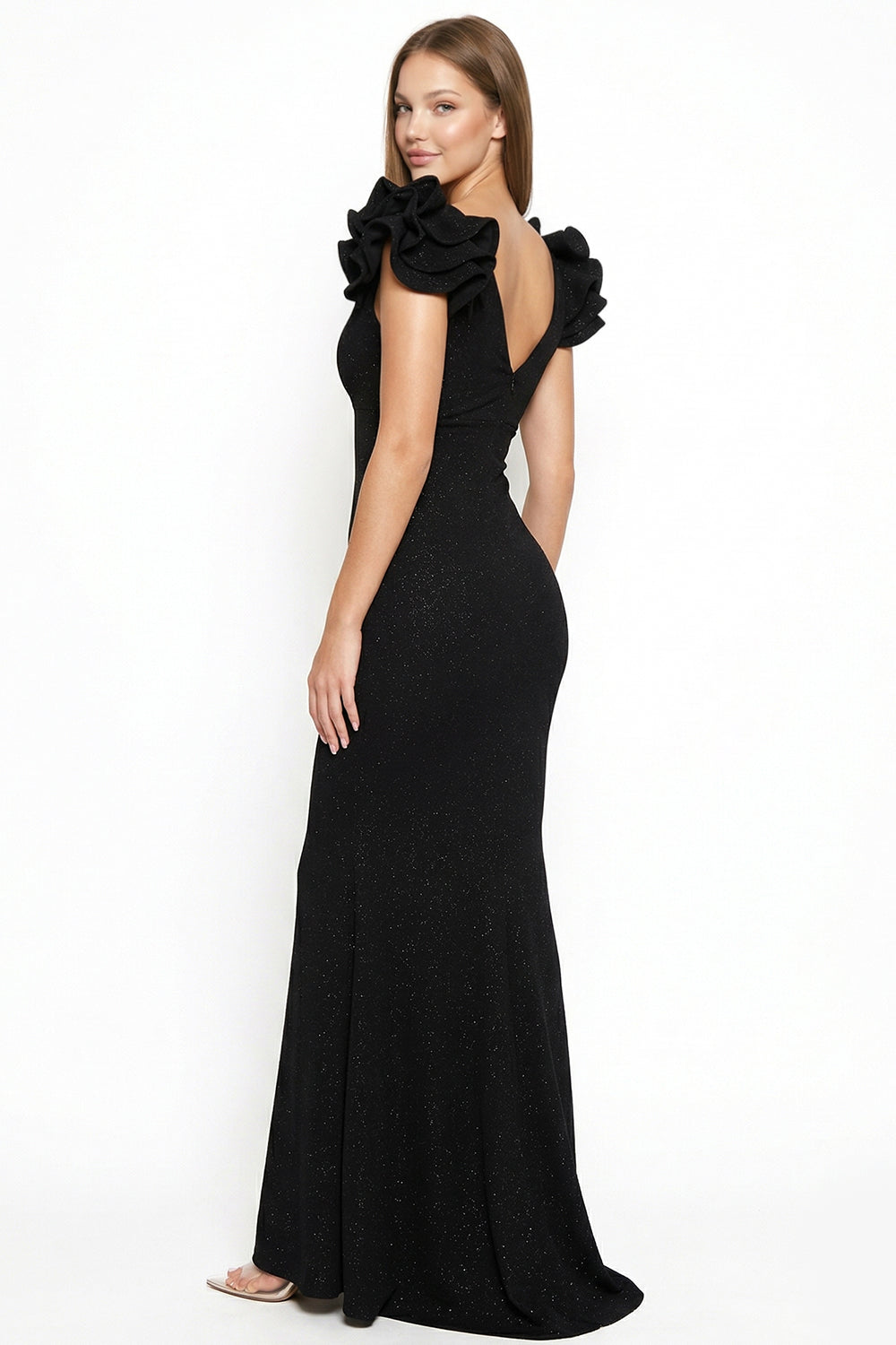 Black shimmer evening gown with V-neck, fitted silhouette, and ruffled cap sleeves from Boutinie.
