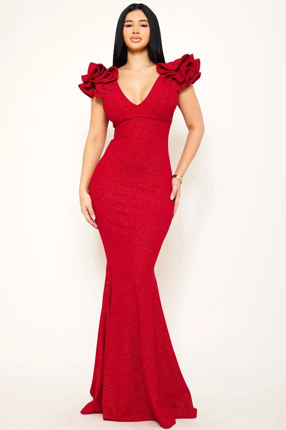 Glittered Maxi Dress With Ruffle Sleeve & Mermaid Hem - Formal Occasion Wear BOUTINIE