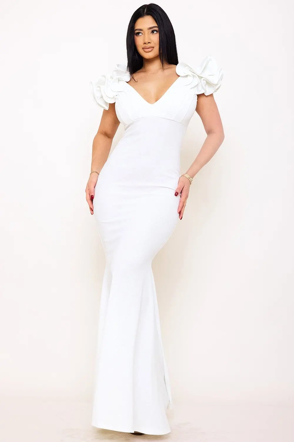 Glittered Maxi Dress With Ruffle Sleeve & Mermaid Hem - Formal Occasion Wear BOUTINIE