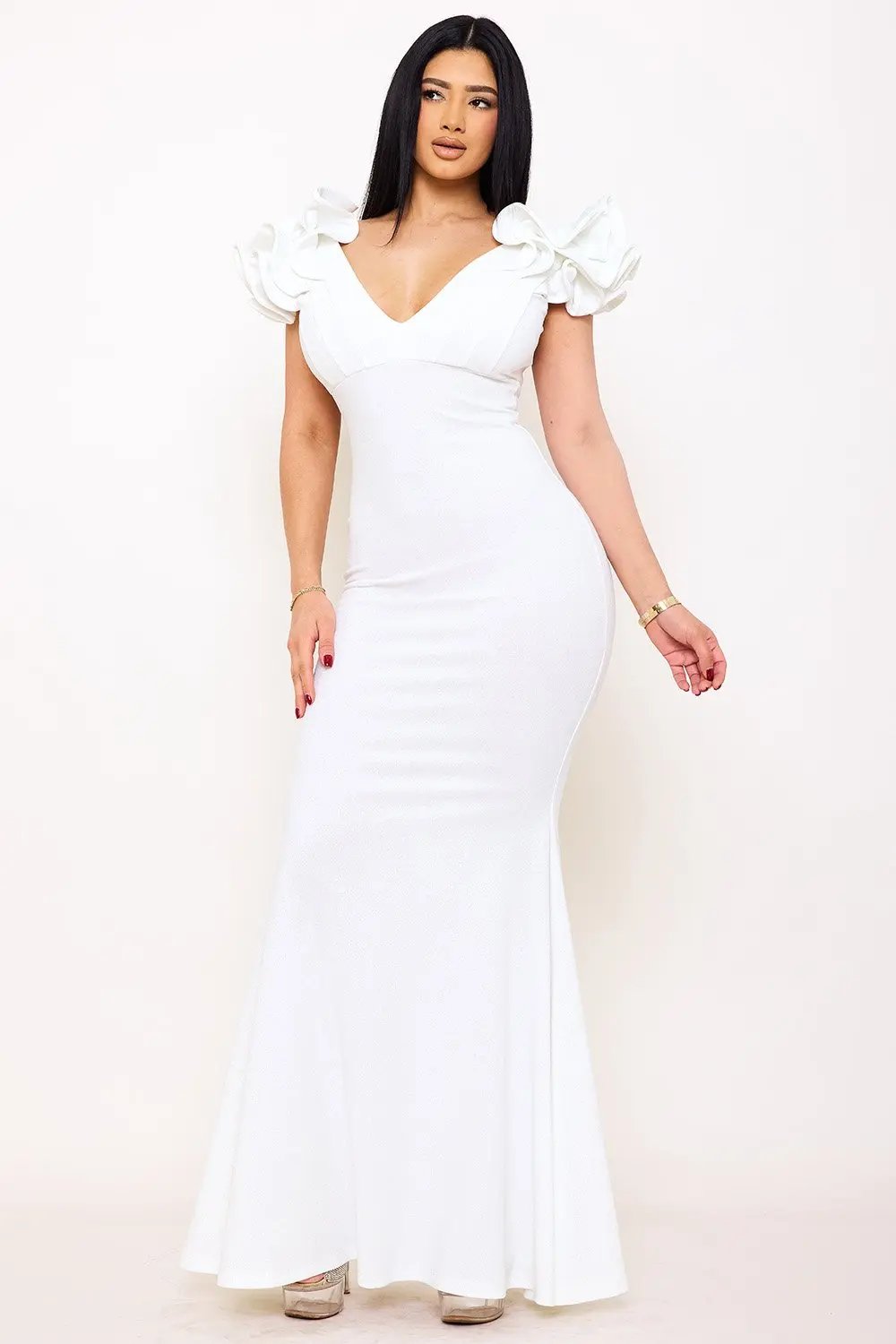 Glittered Maxi Dress With Ruffle Sleeve & Mermaid Hem - Formal Occasion Wear BOUTINIE