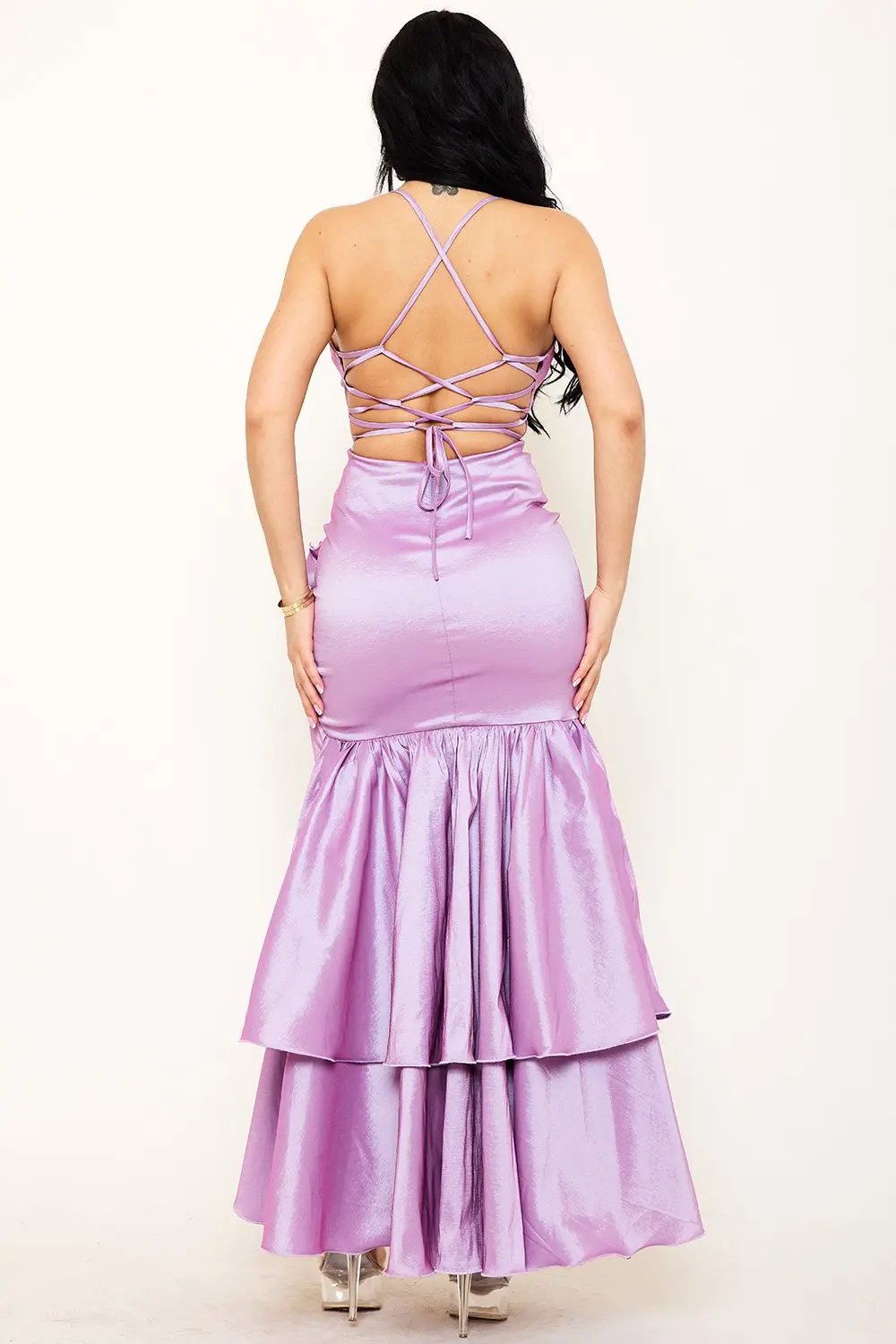 Taffeta Ruffle Maxi Dress – Layered Sweetheart Neckline & Spaghetti Strap BOUTINIE