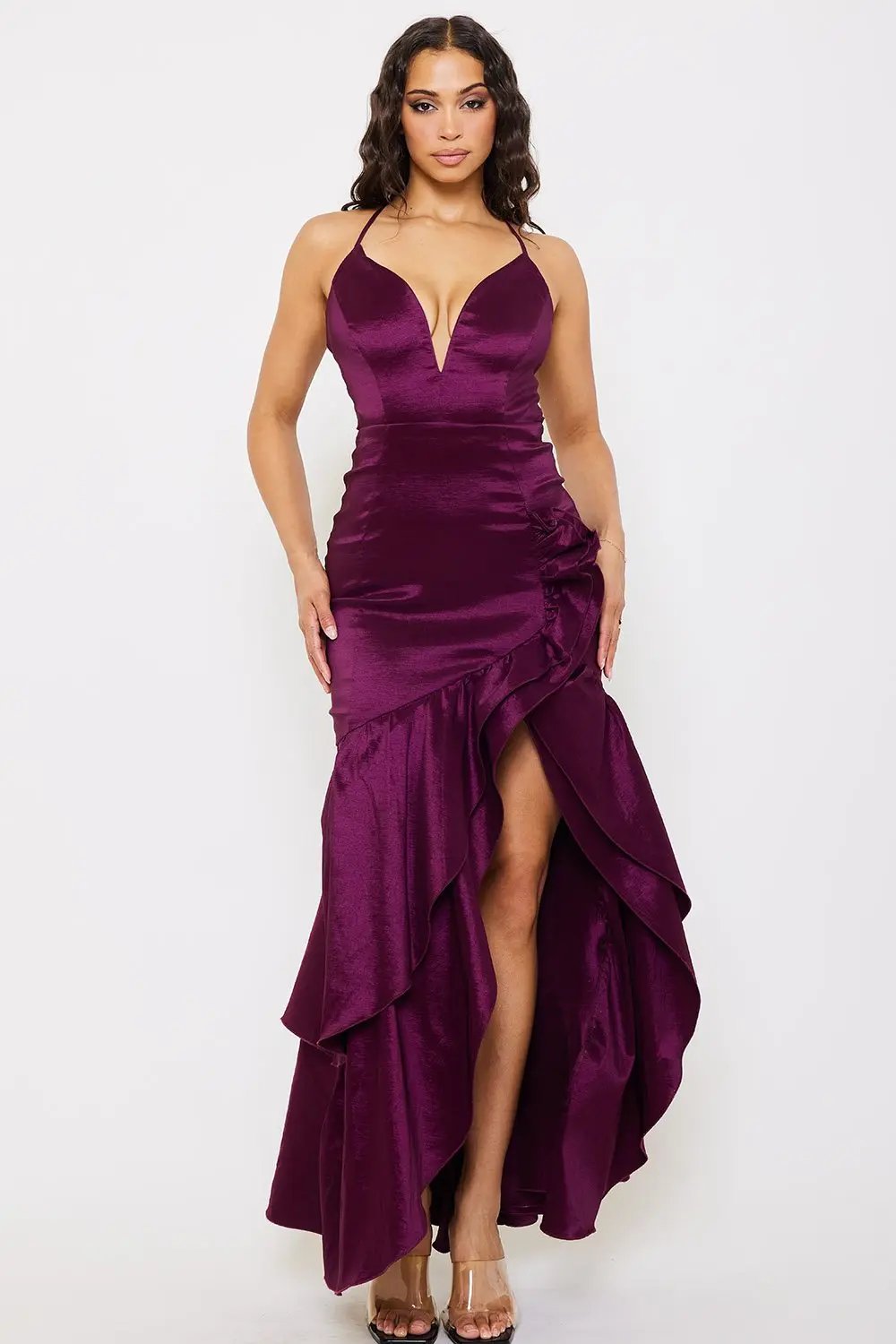 Taffeta Ruffle Maxi Dress – Layered Sweetheart Neckline & Spaghetti Strap BOUTINIE
