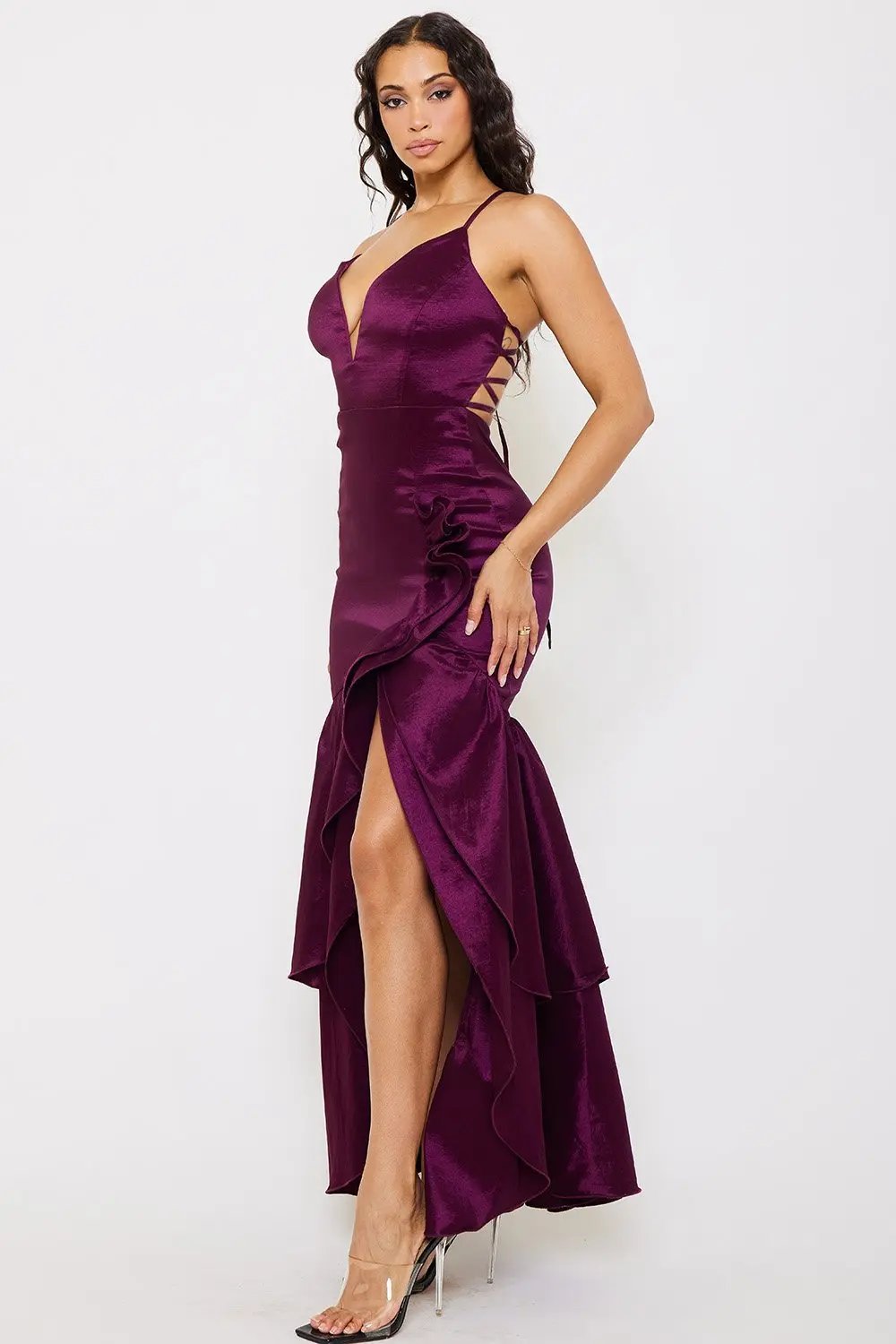 Taffeta Ruffle Maxi Dress – Layered Sweetheart Neckline & Spaghetti Strap BOUTINIE